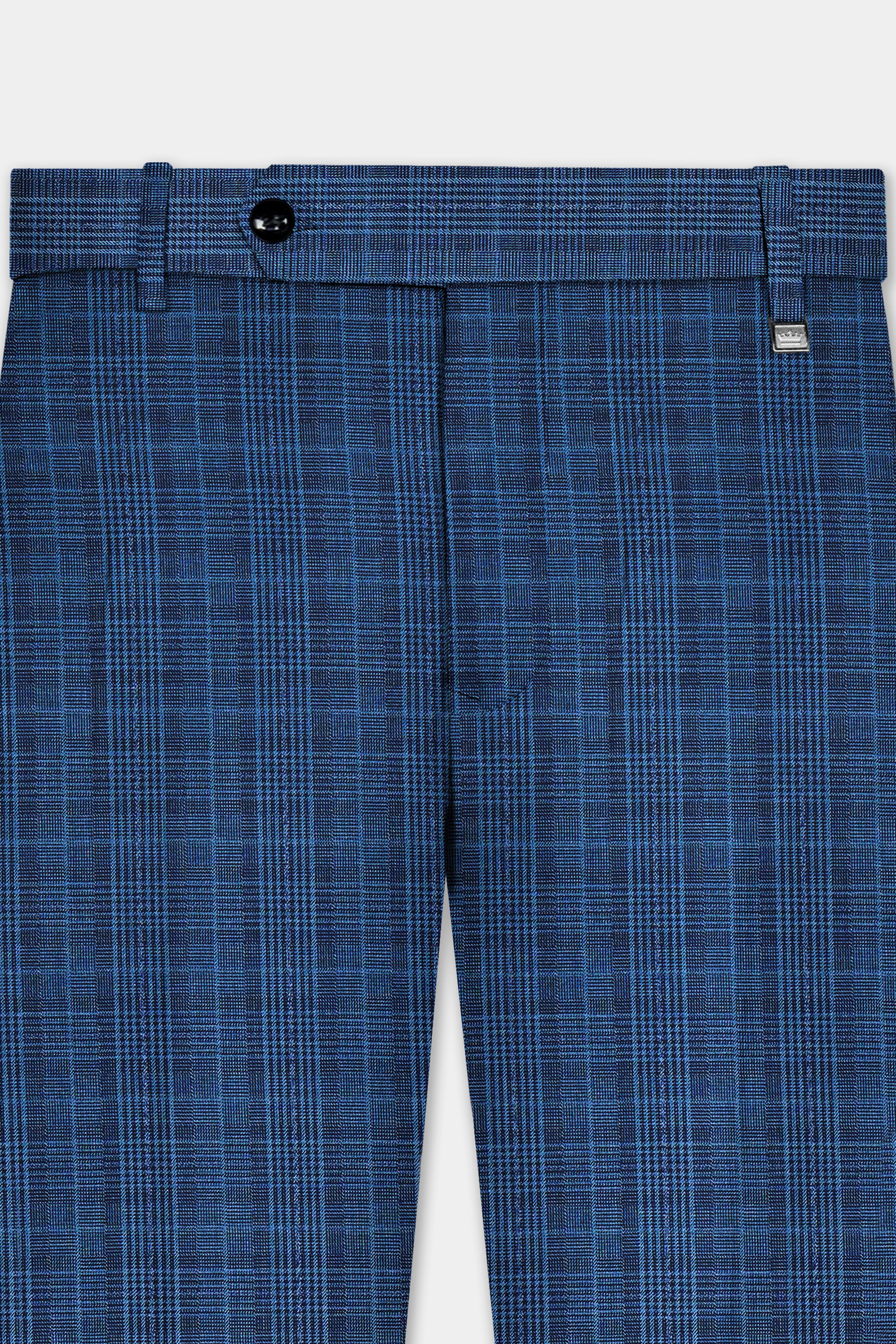 Mid Blue Plaid Wool Rich Bandhgala Suit