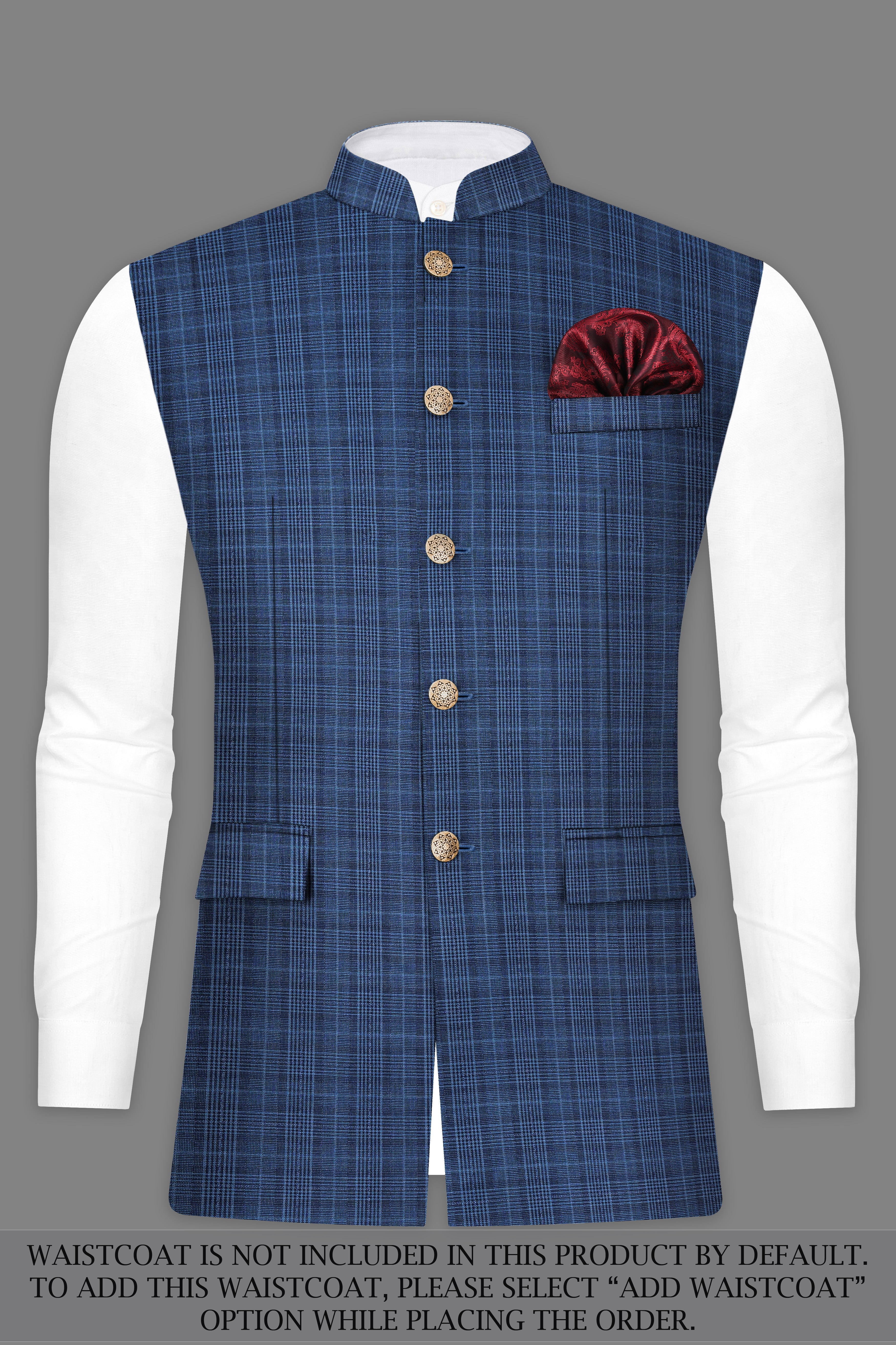 Mid Blue Plaid Wool Rich Bandhgala Suit