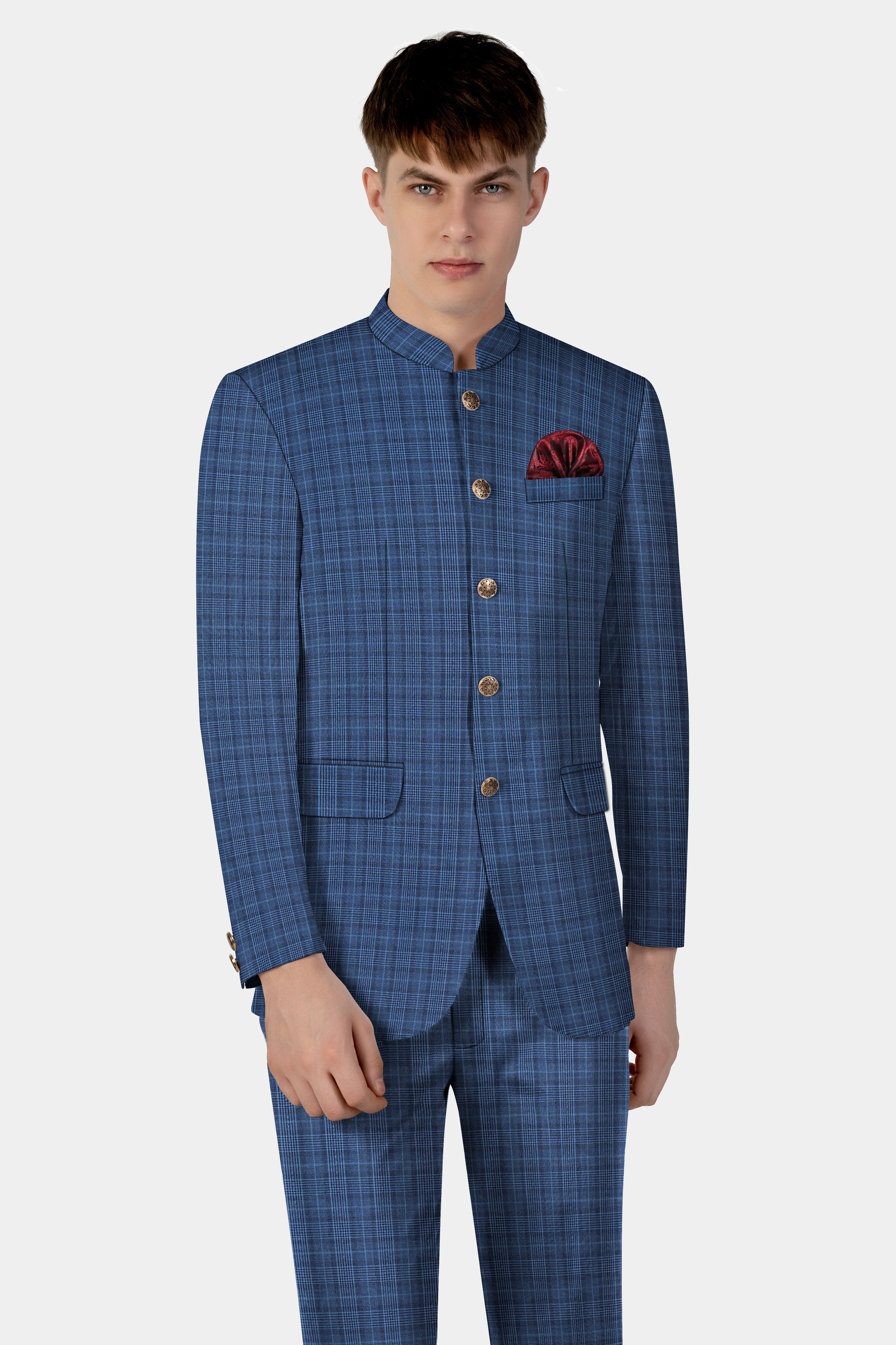 Mid Blue Plaid Wool Rich Bandhgala Suit