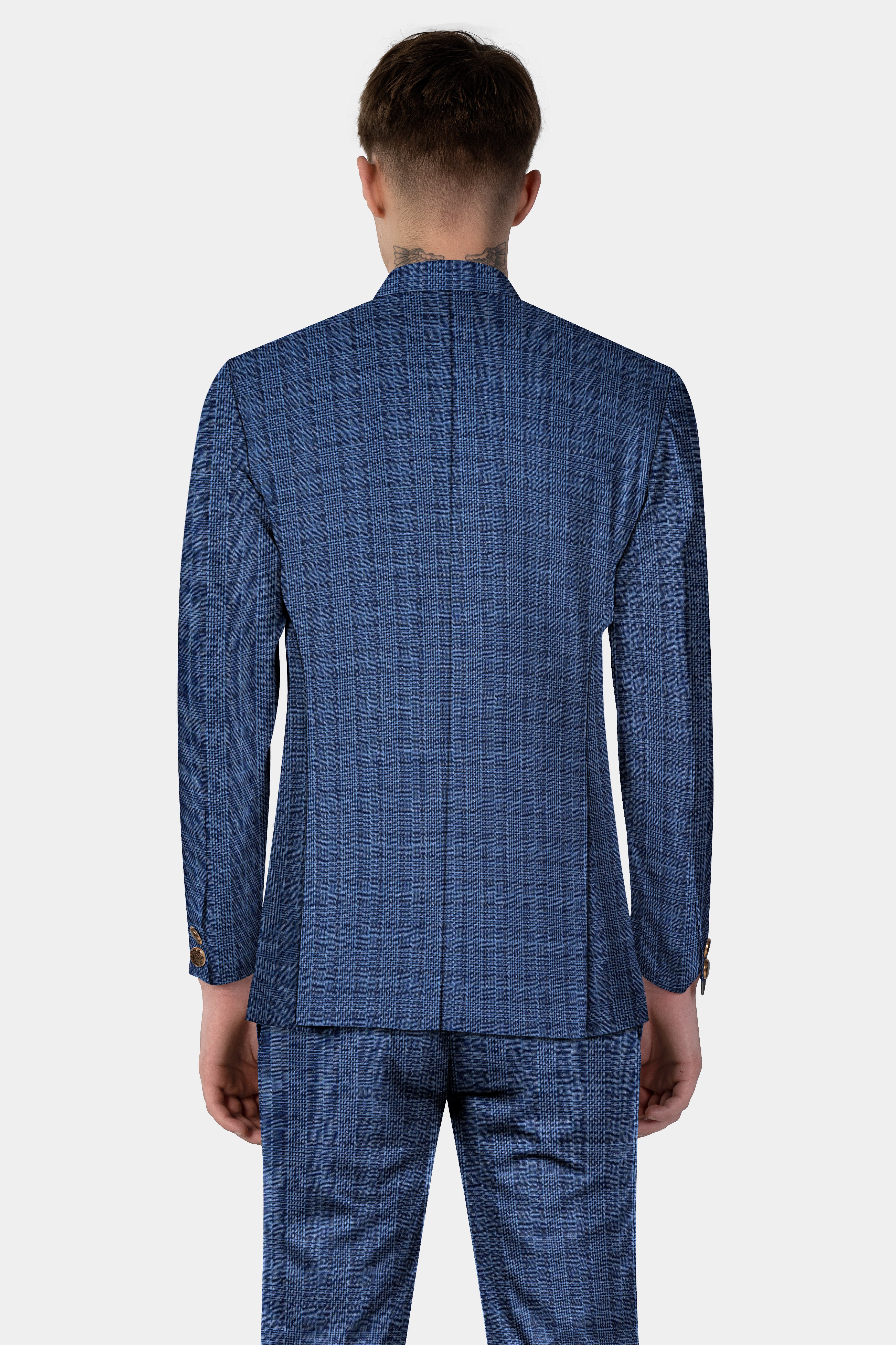 Mid Blue Plaid Wool Rich Bandhgala Suit