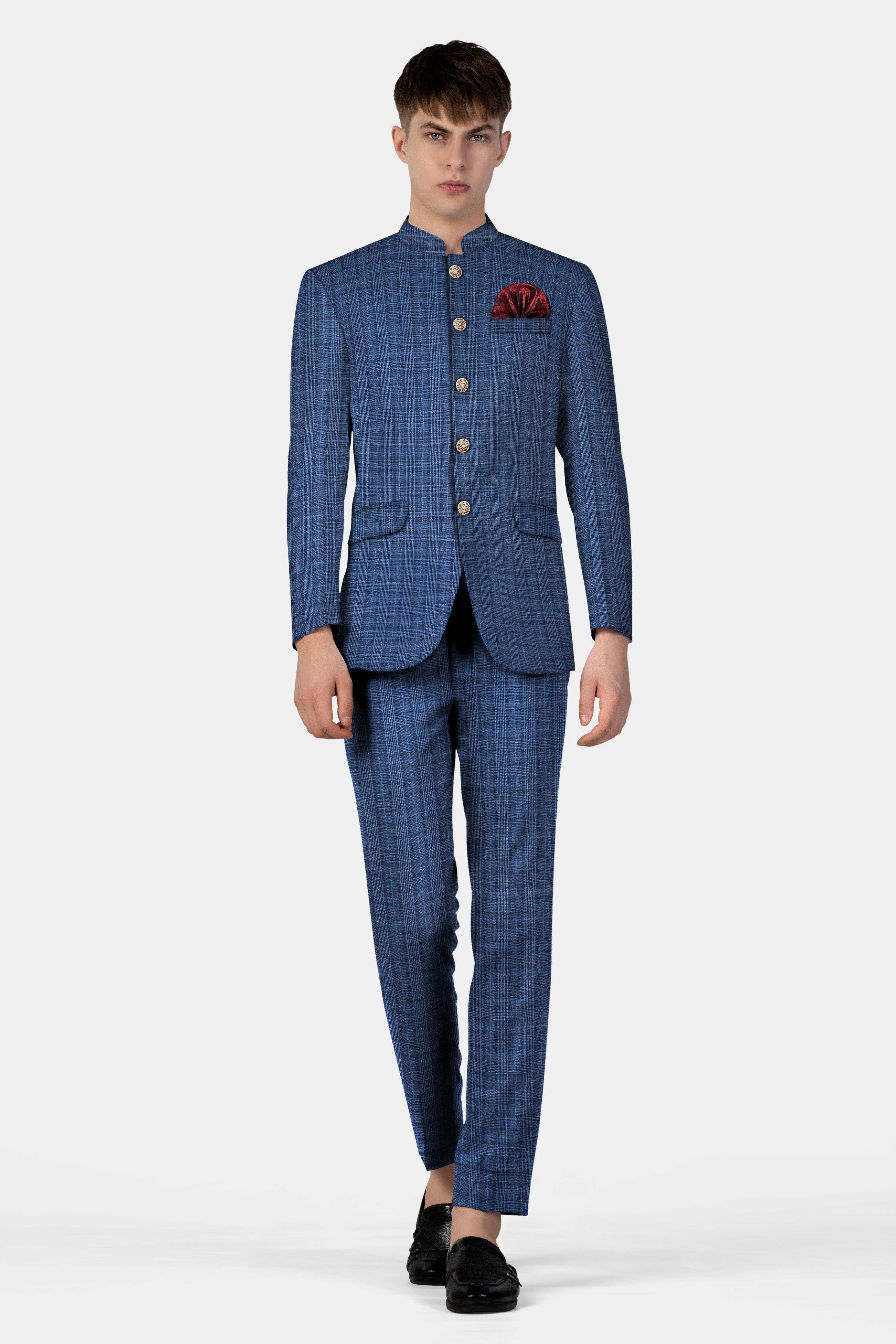 Mid Blue Plaid Wool Rich Bandhgala Suit