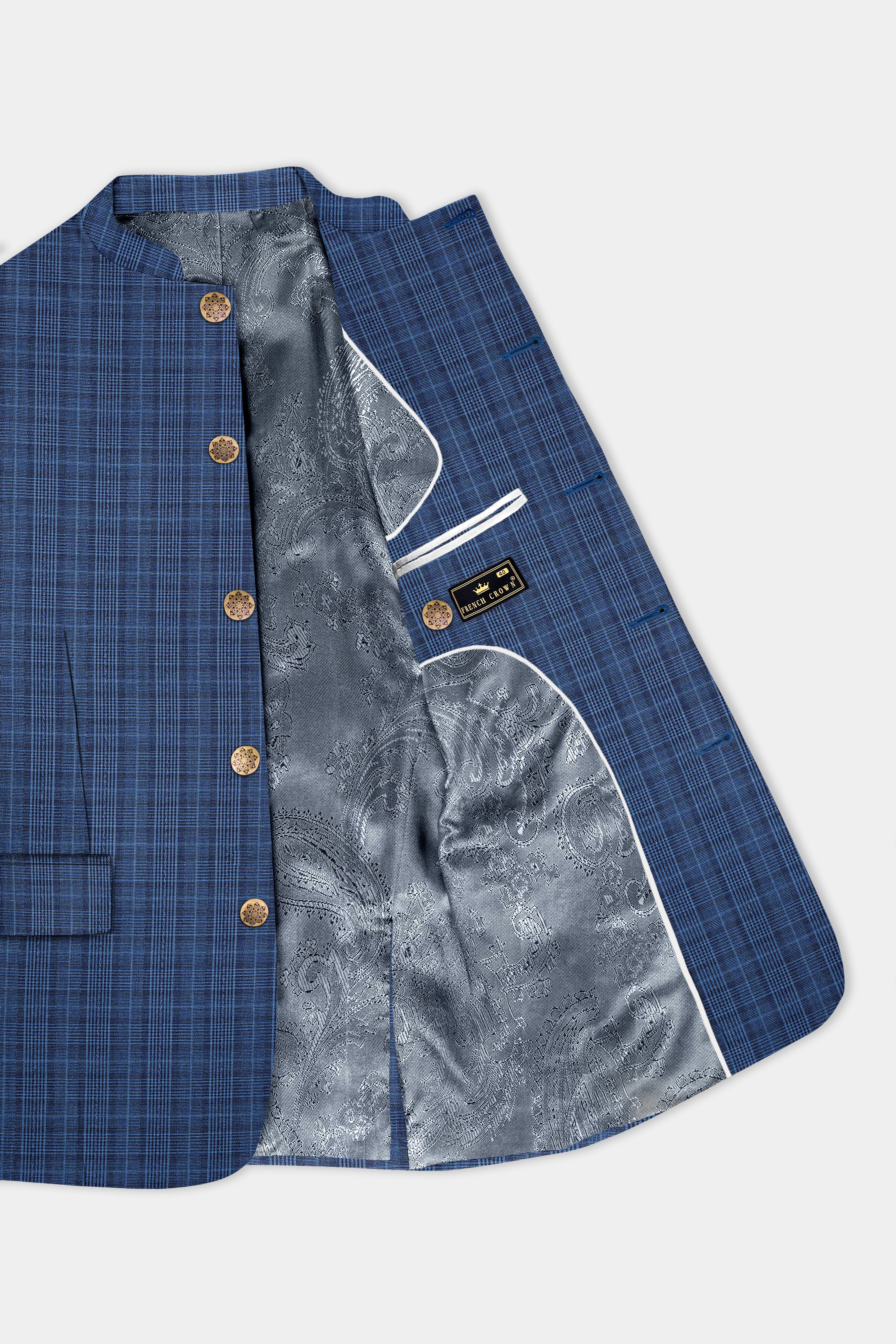 Mid Blue Plaid Wool Rich Bandhgala Suit