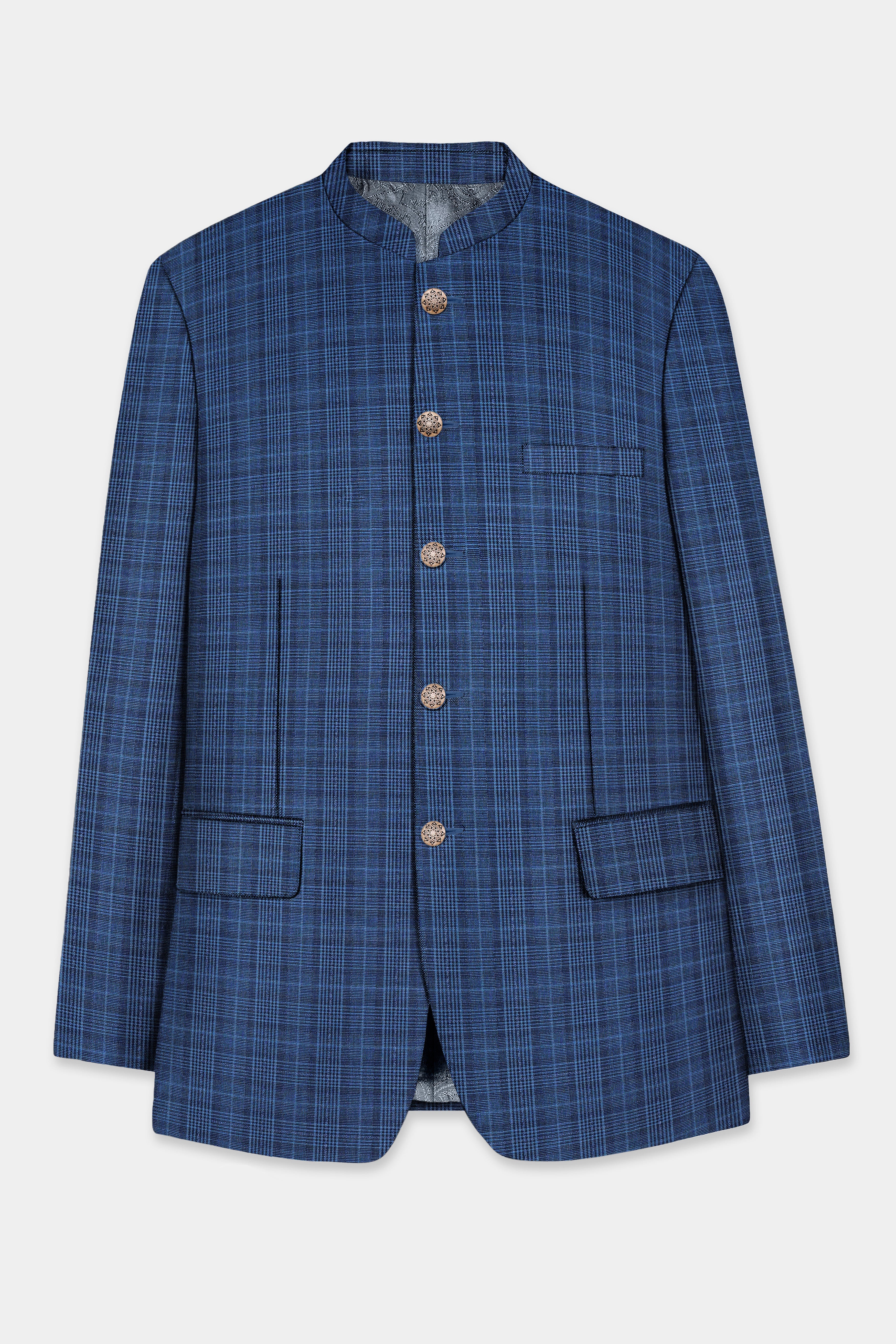 Mid Blue Plaid Wool Rich Bandhgala Suit