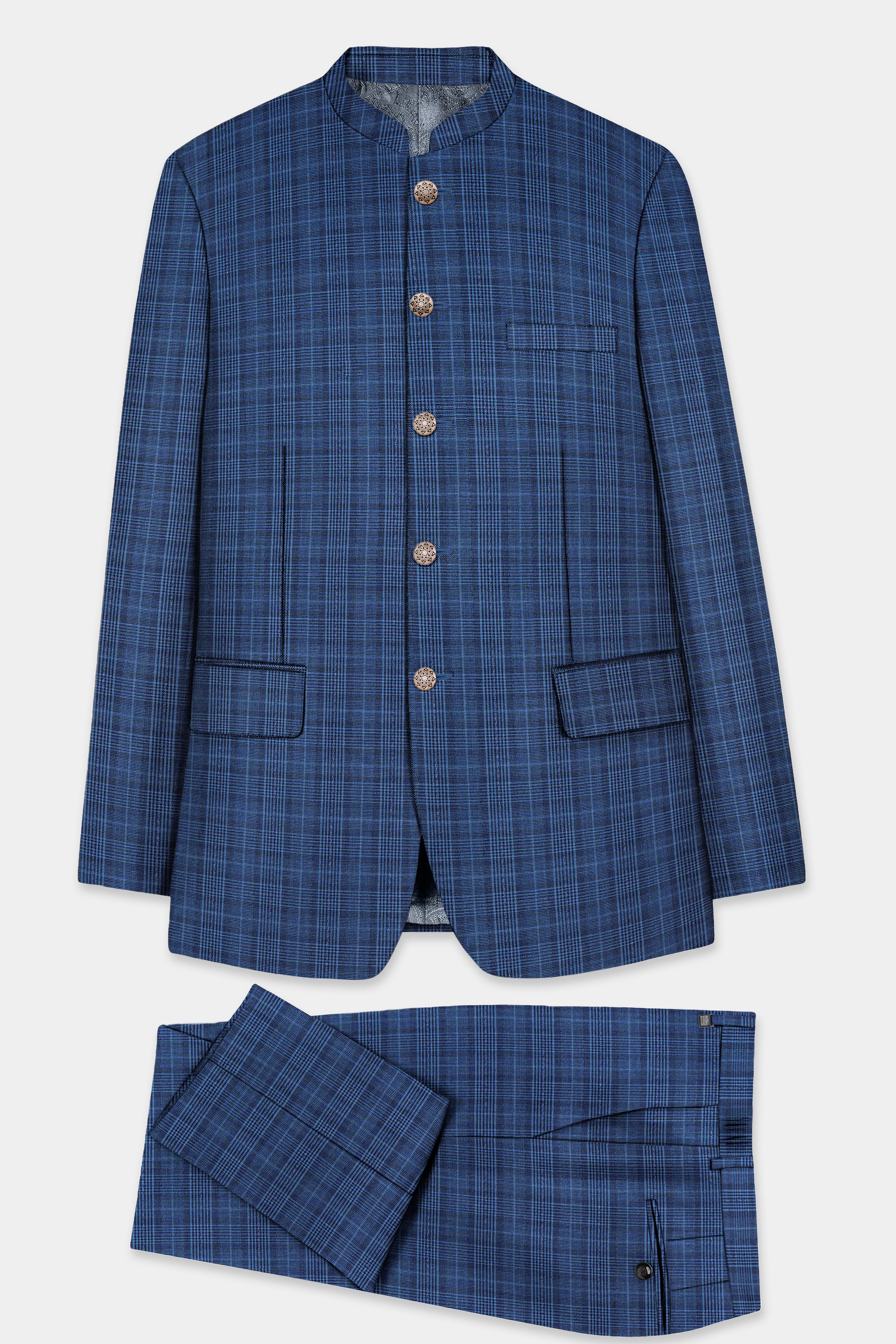 Mid Blue Plaid Wool Rich Bandhgala Suit