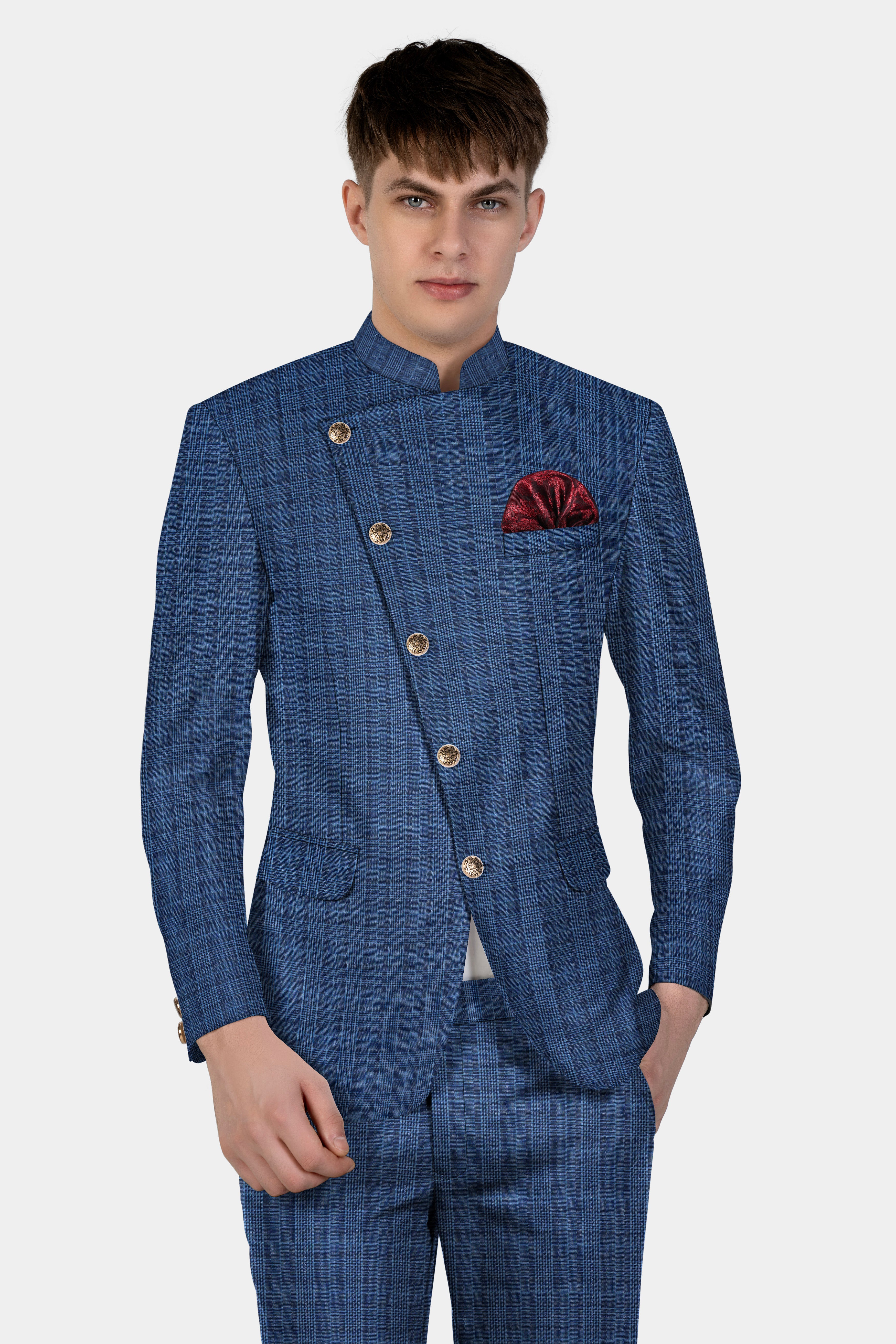 Mid Blue Plaid Wool Rich Cross Placket Bandhgala Suit