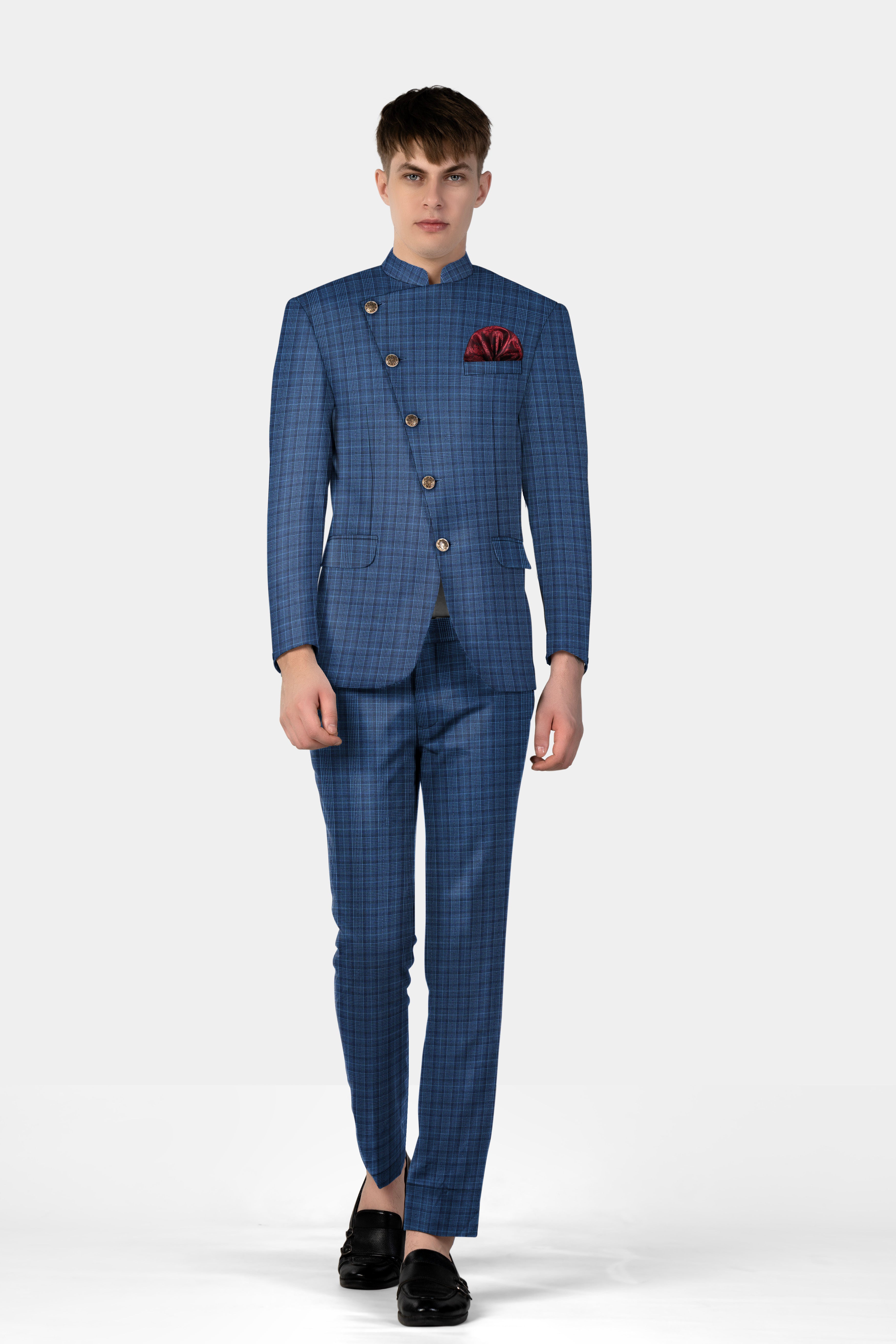 Mid Blue Plaid Wool Rich Cross Placket Bandhgala Suit