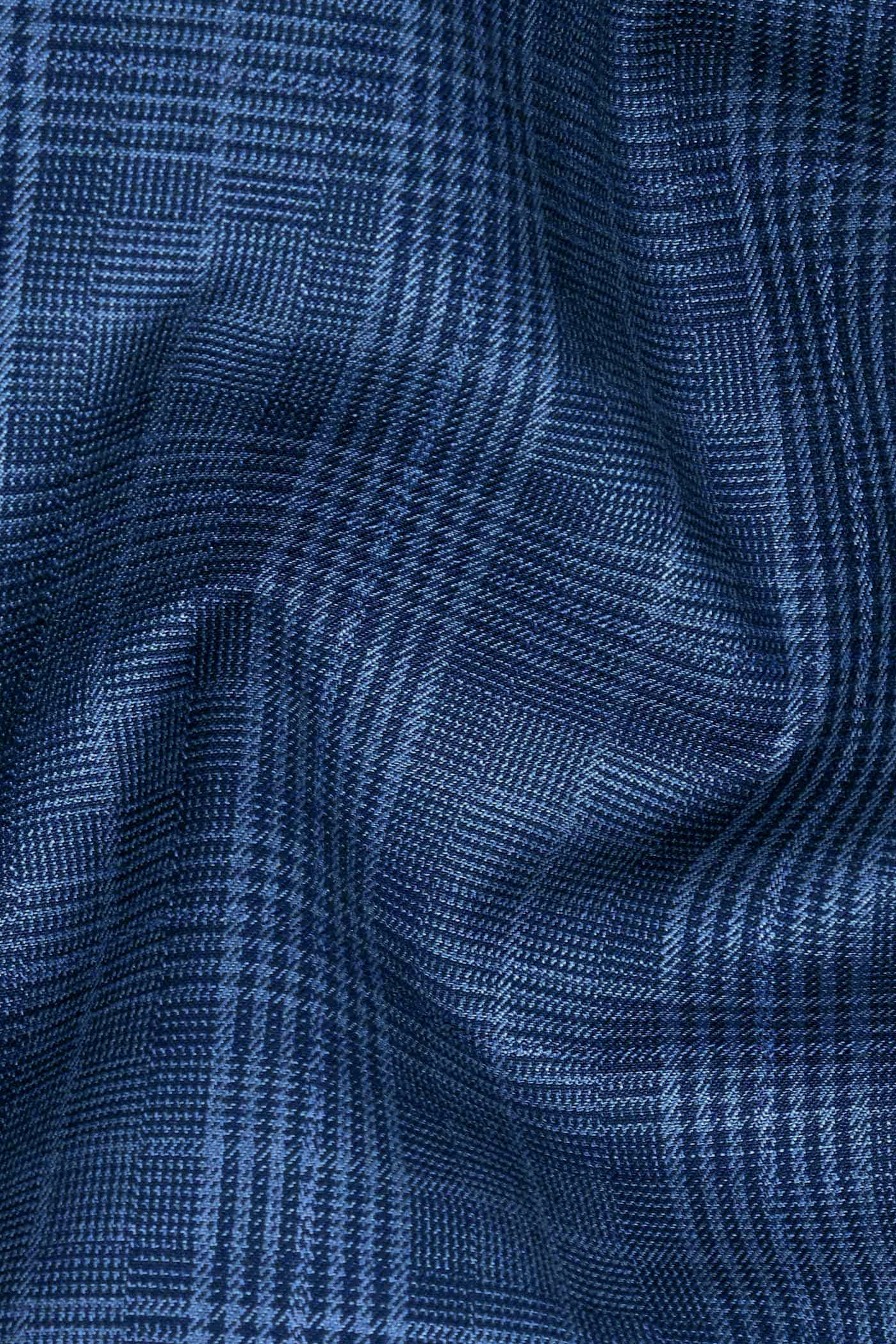 Mid Blue Plaid Wool Rich Cross Placket Bandhgala Suit