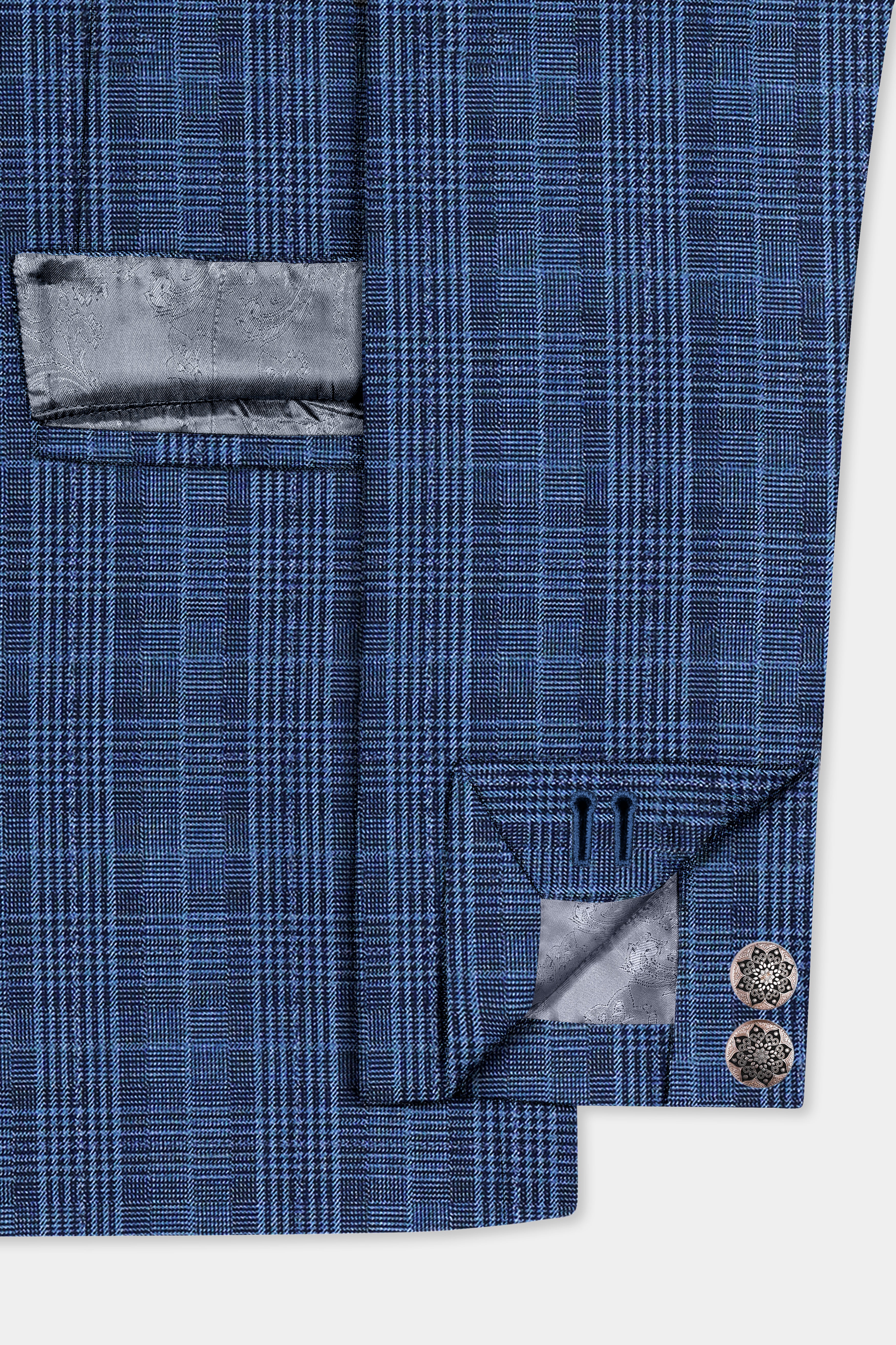 Mid Blue Plaid Wool Rich Cross Placket Bandhgala Suit