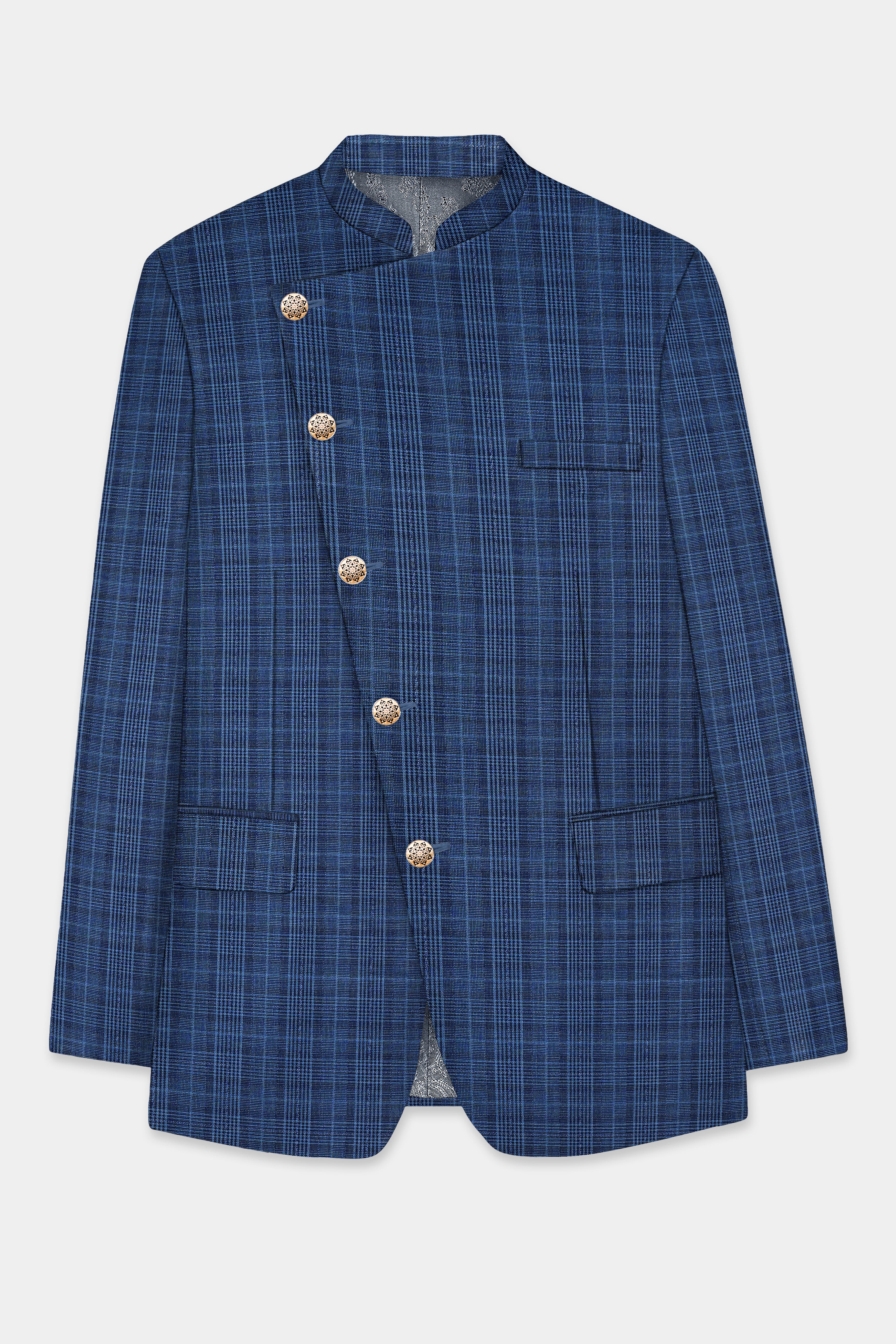 Mid Blue Plaid Wool Rich Cross Placket Bandhgala Suit