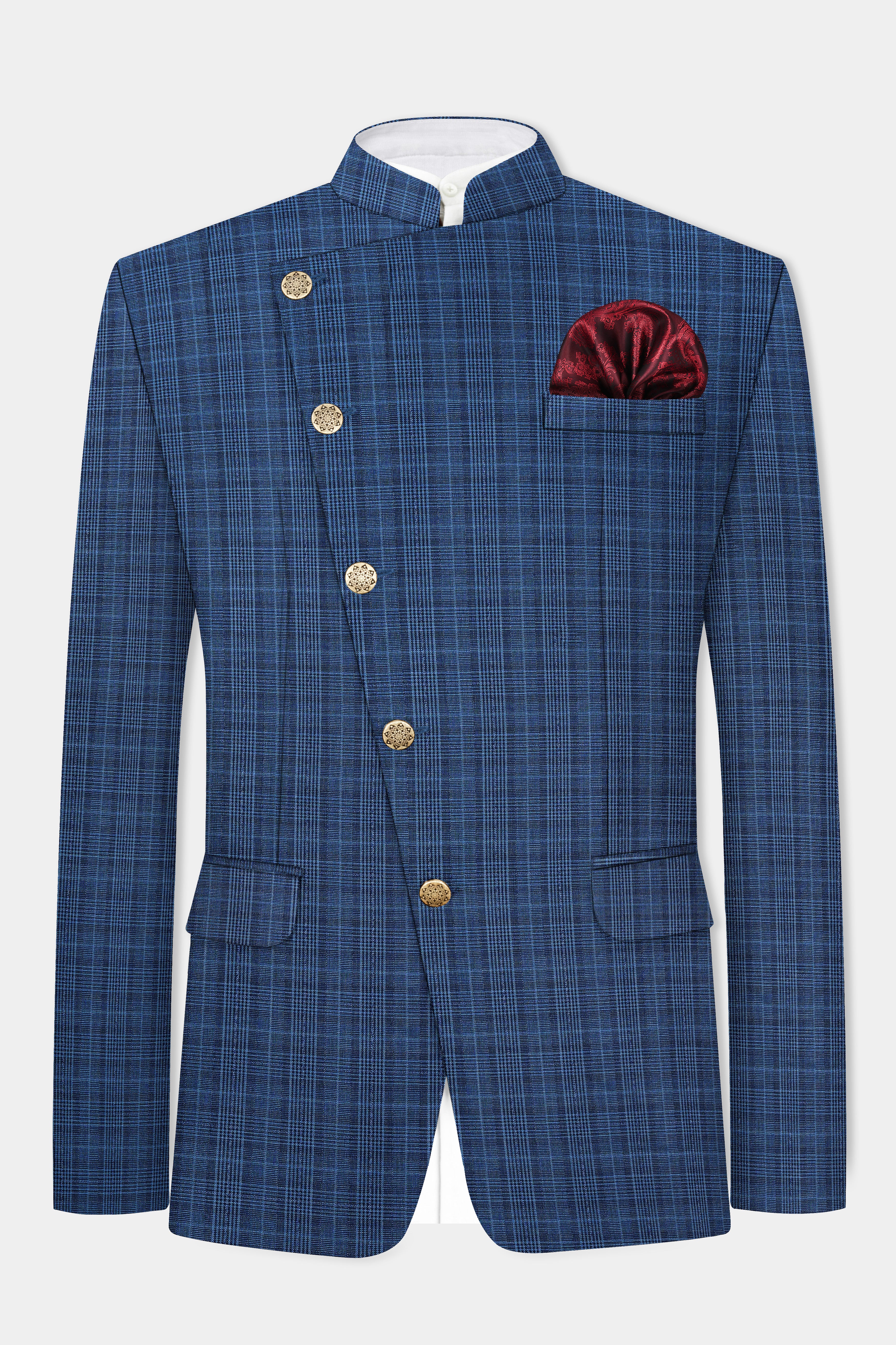 Mid Blue Plaid Wool Rich Cross Placket Bandhgala Suit