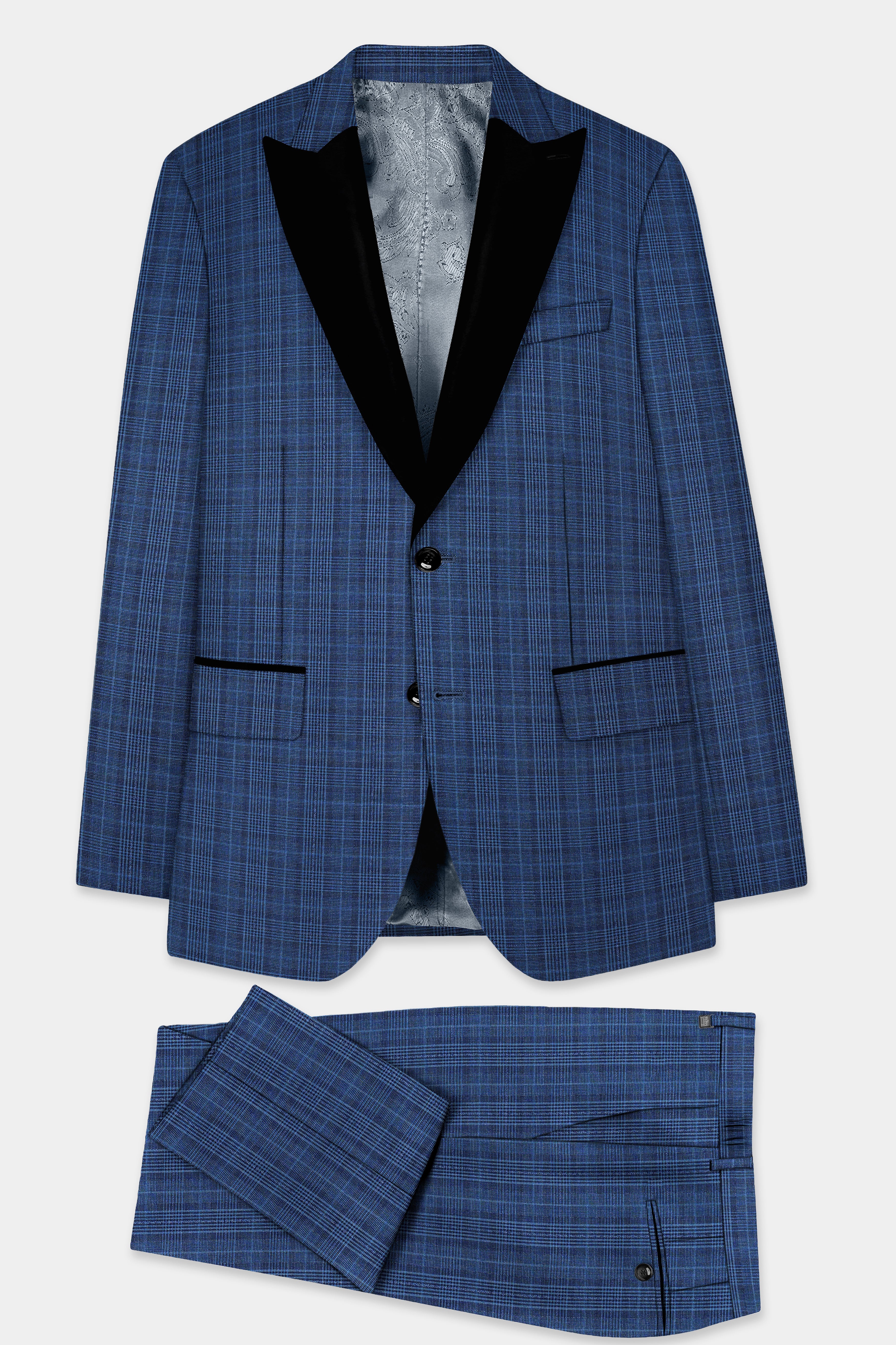 Mid Blue Plaid Wool Rich Peak Collar Tuxedo Suit