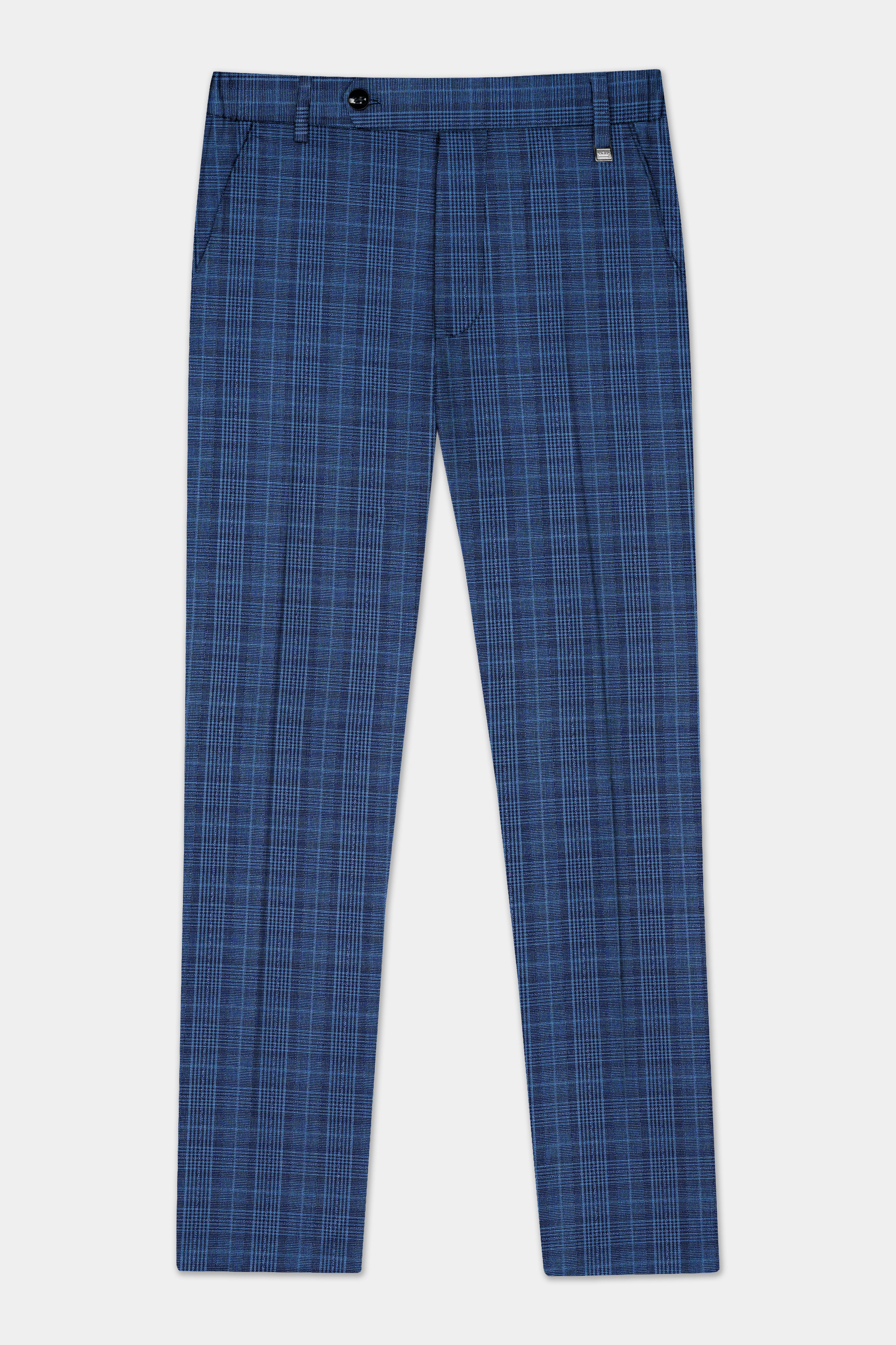 Mid Blue Plaid Wool Rich Peak Collar Tuxedo Suit