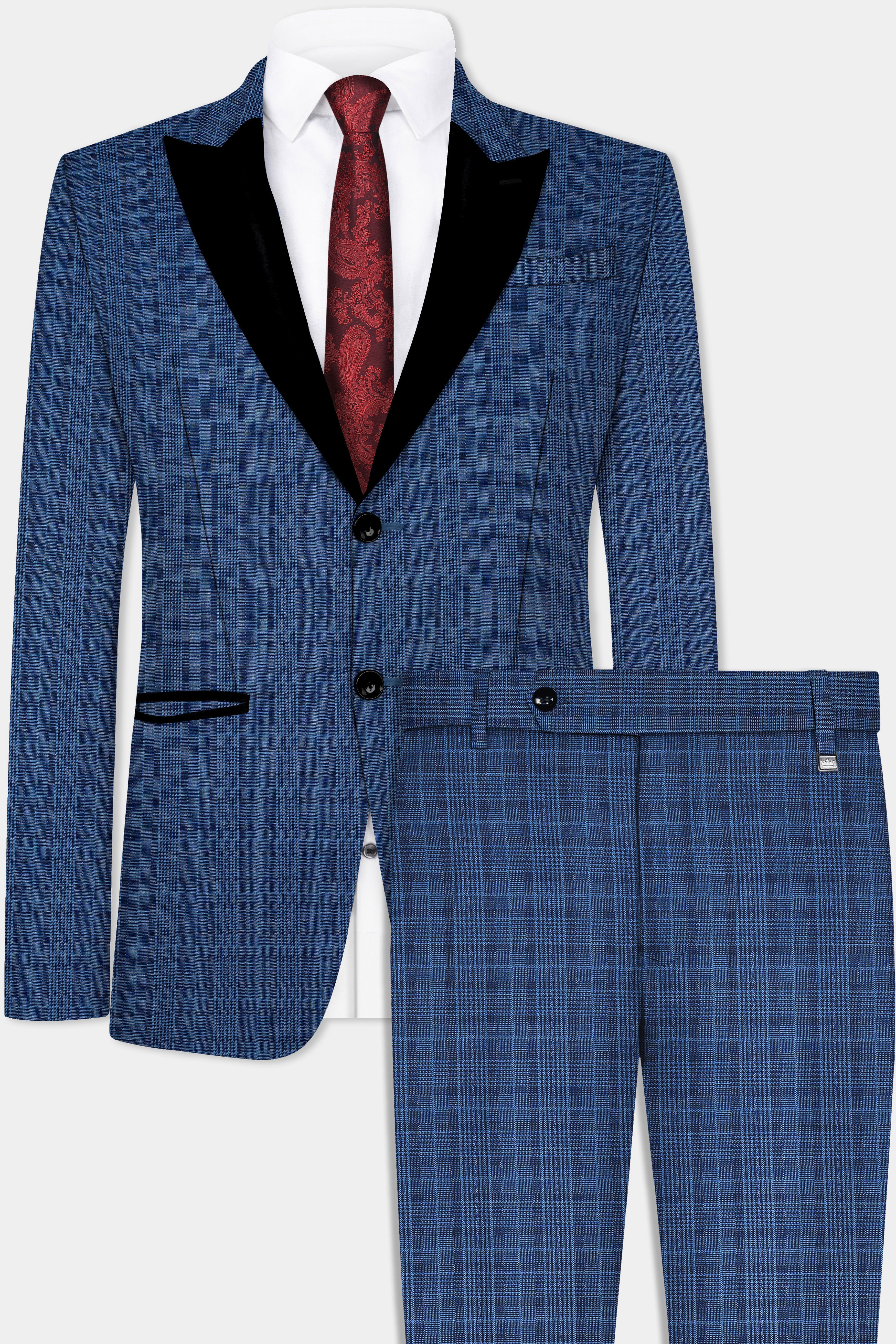 Mid Blue Plaid Wool Rich Peak Collar Tuxedo Suit