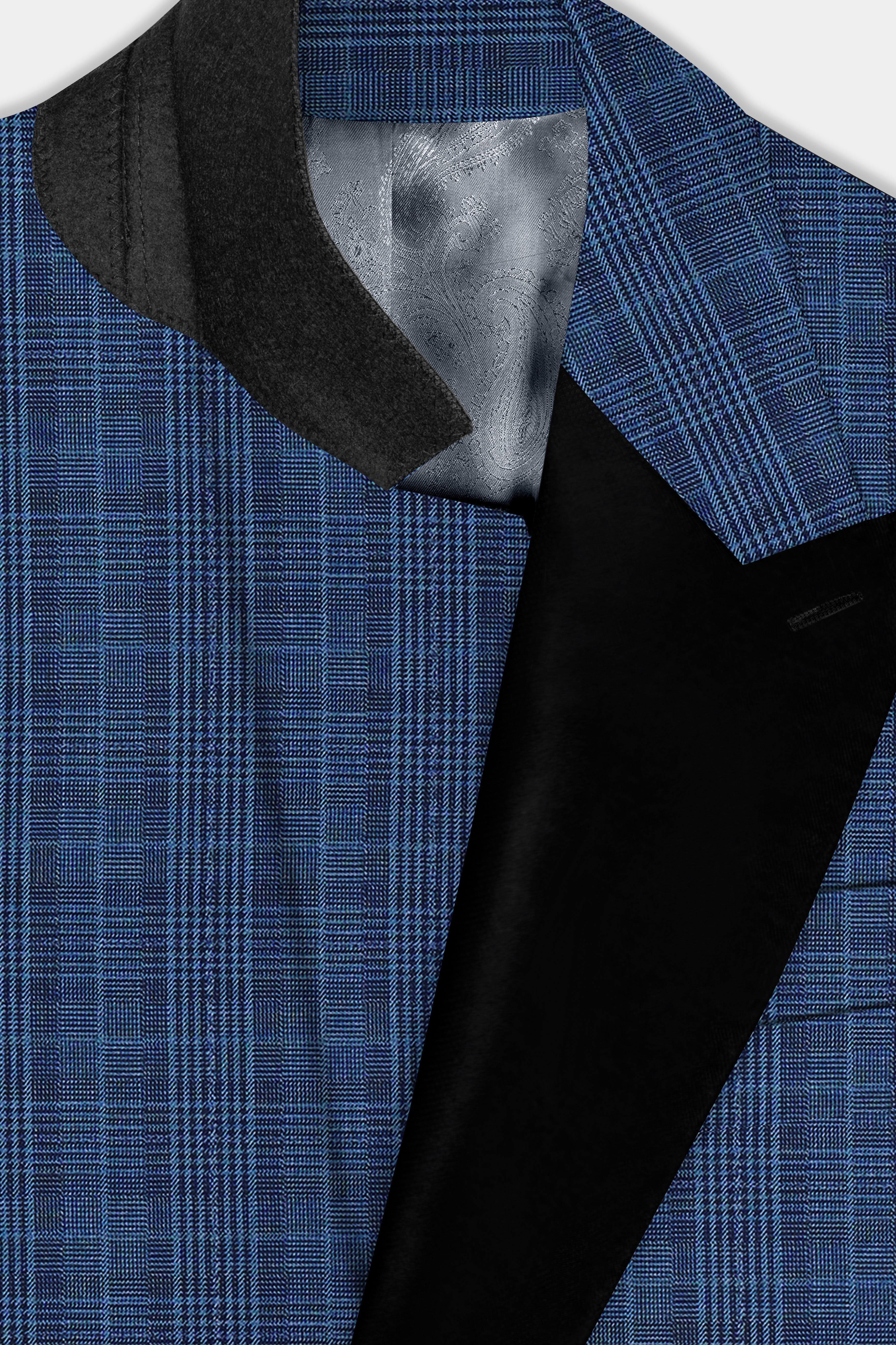 Mid Blue Plaid Wool Rich Peak Collar Tuxedo Suit