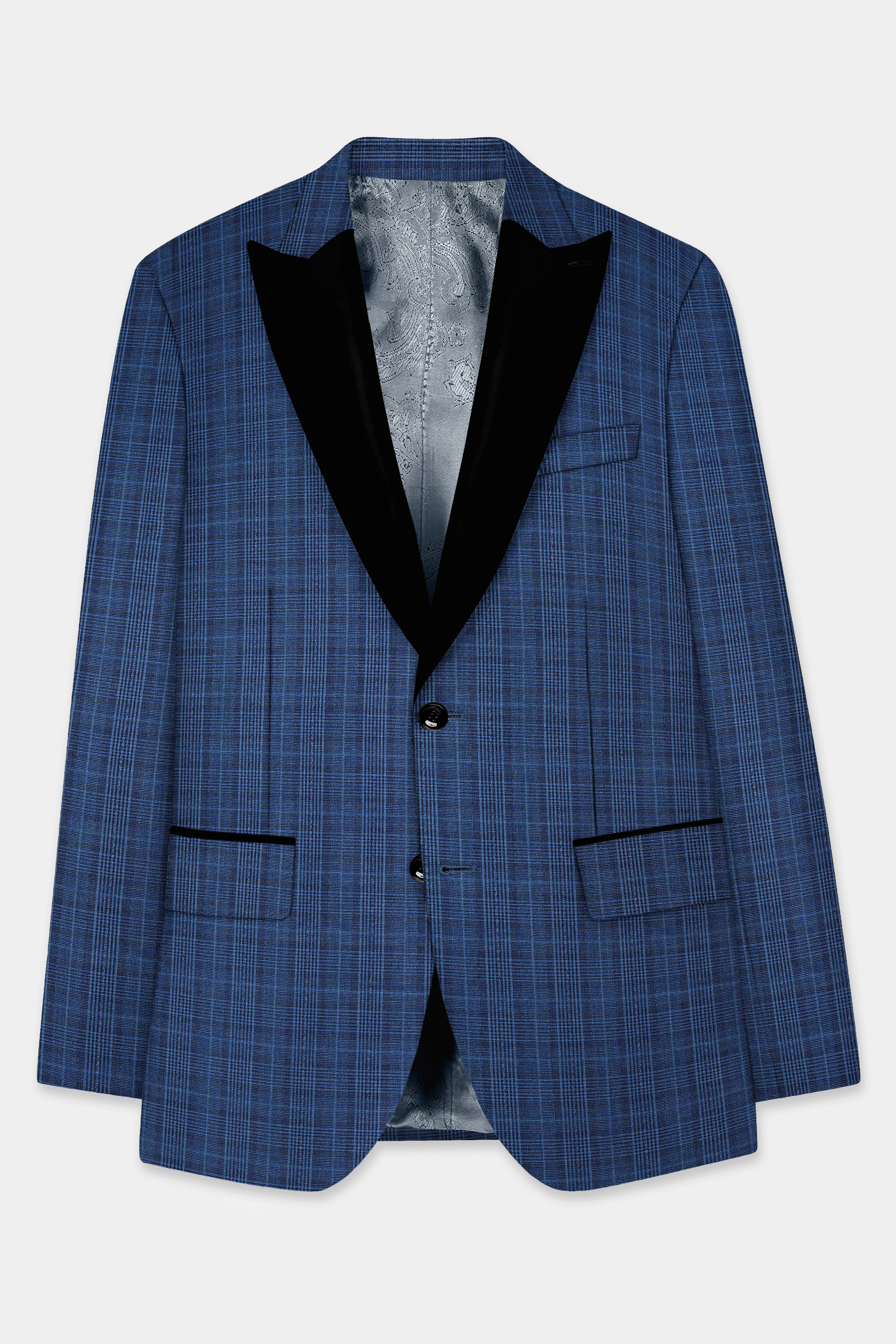 Mid Blue Plaid Wool Rich Peak Collar Tuxedo Suit