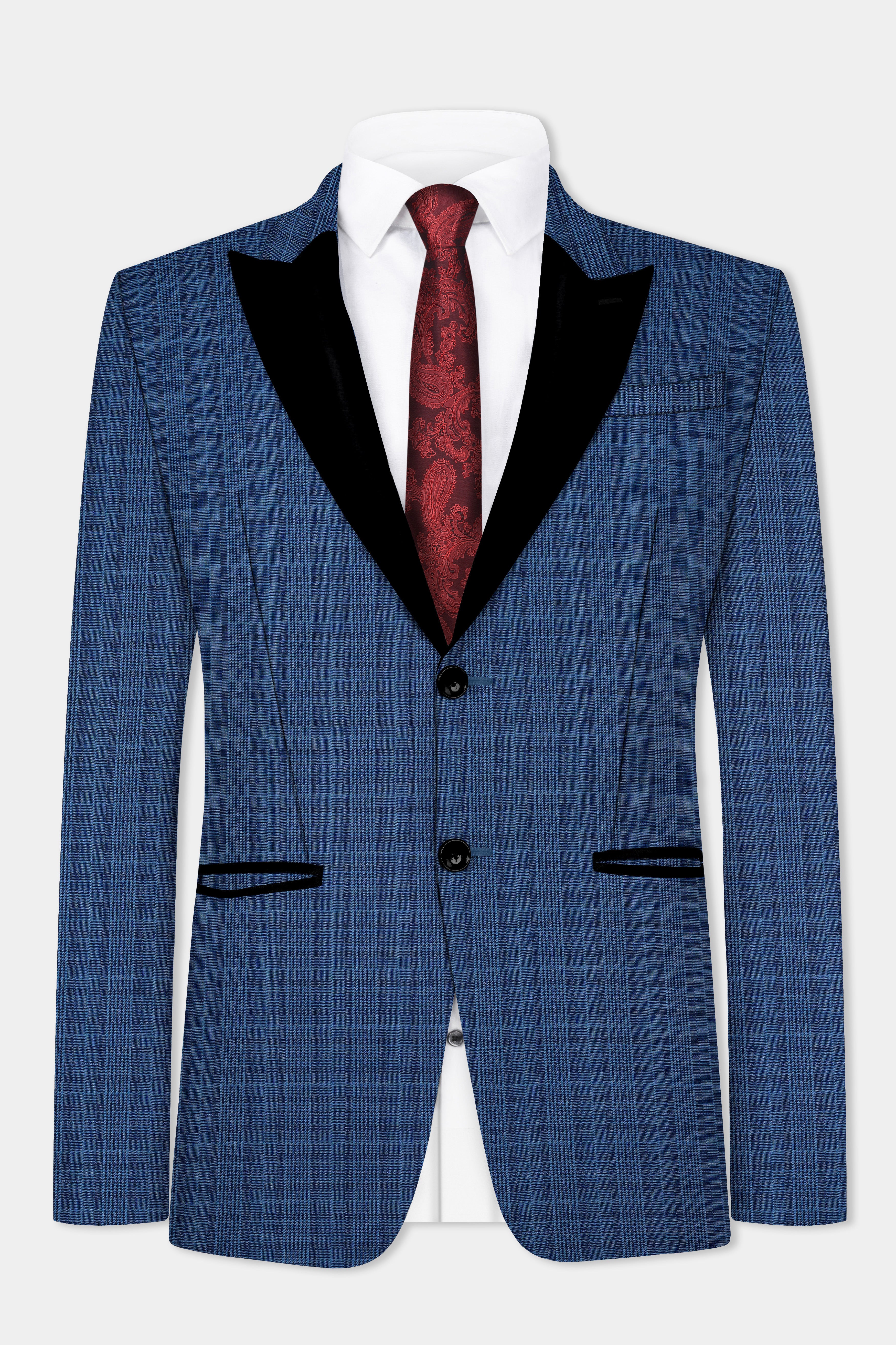 Mid Blue Plaid Wool Rich Peak Collar Tuxedo Suit