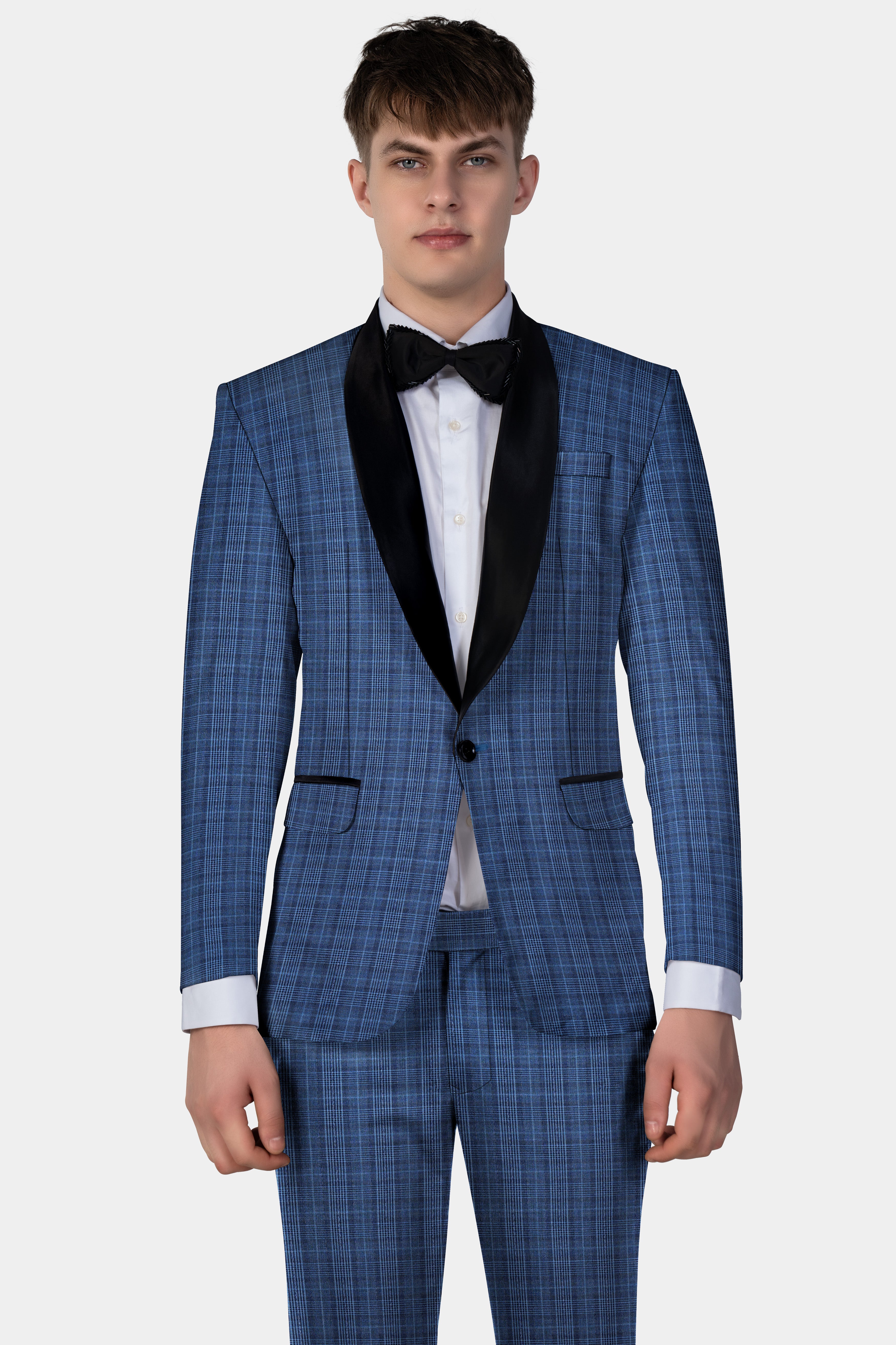 Mid Blue Plaid Wool Rich Tuxedo Suit