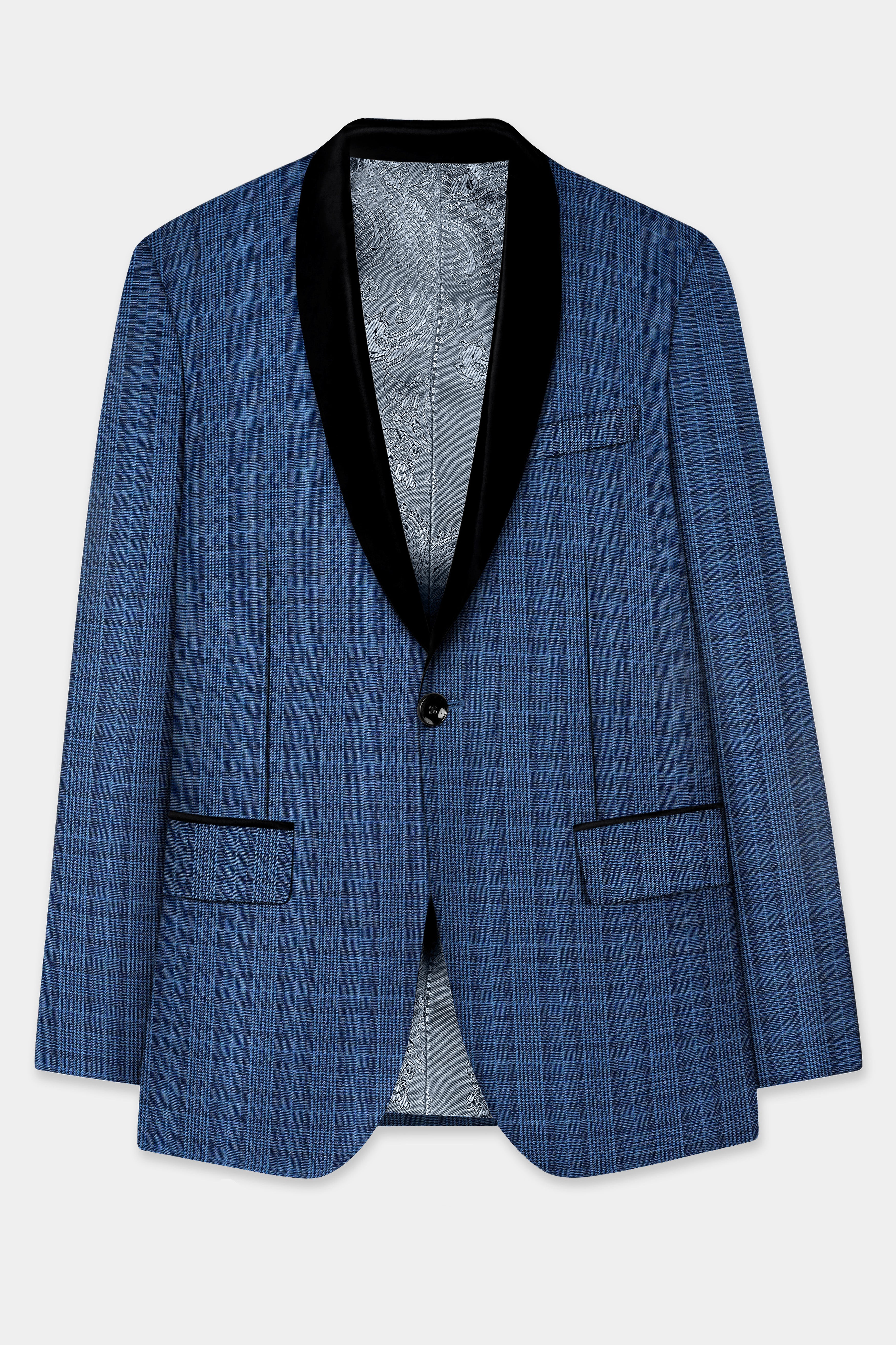 Mid Blue Plaid Wool Rich Tuxedo Suit