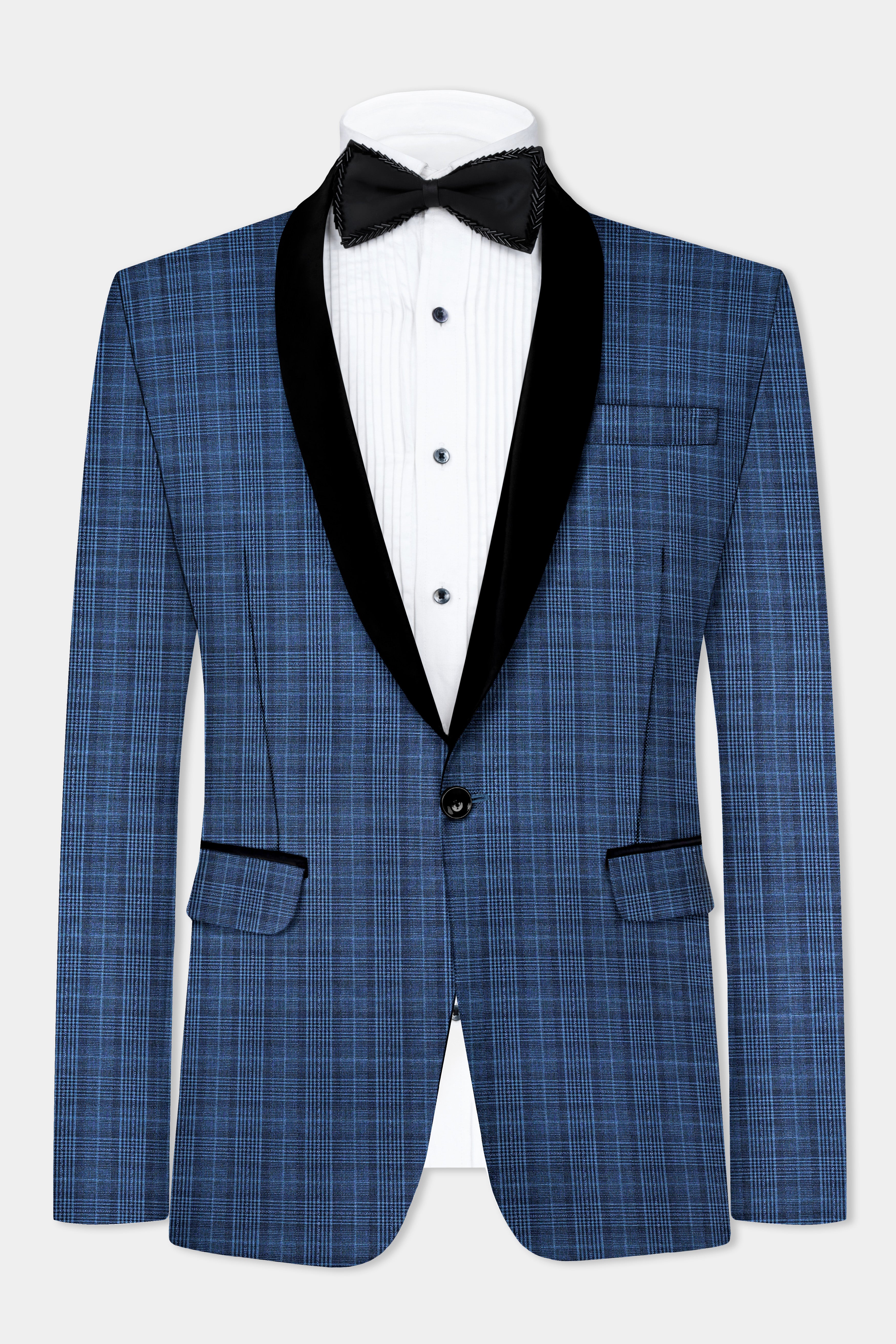 Mid Blue Plaid Wool Rich Tuxedo Suit