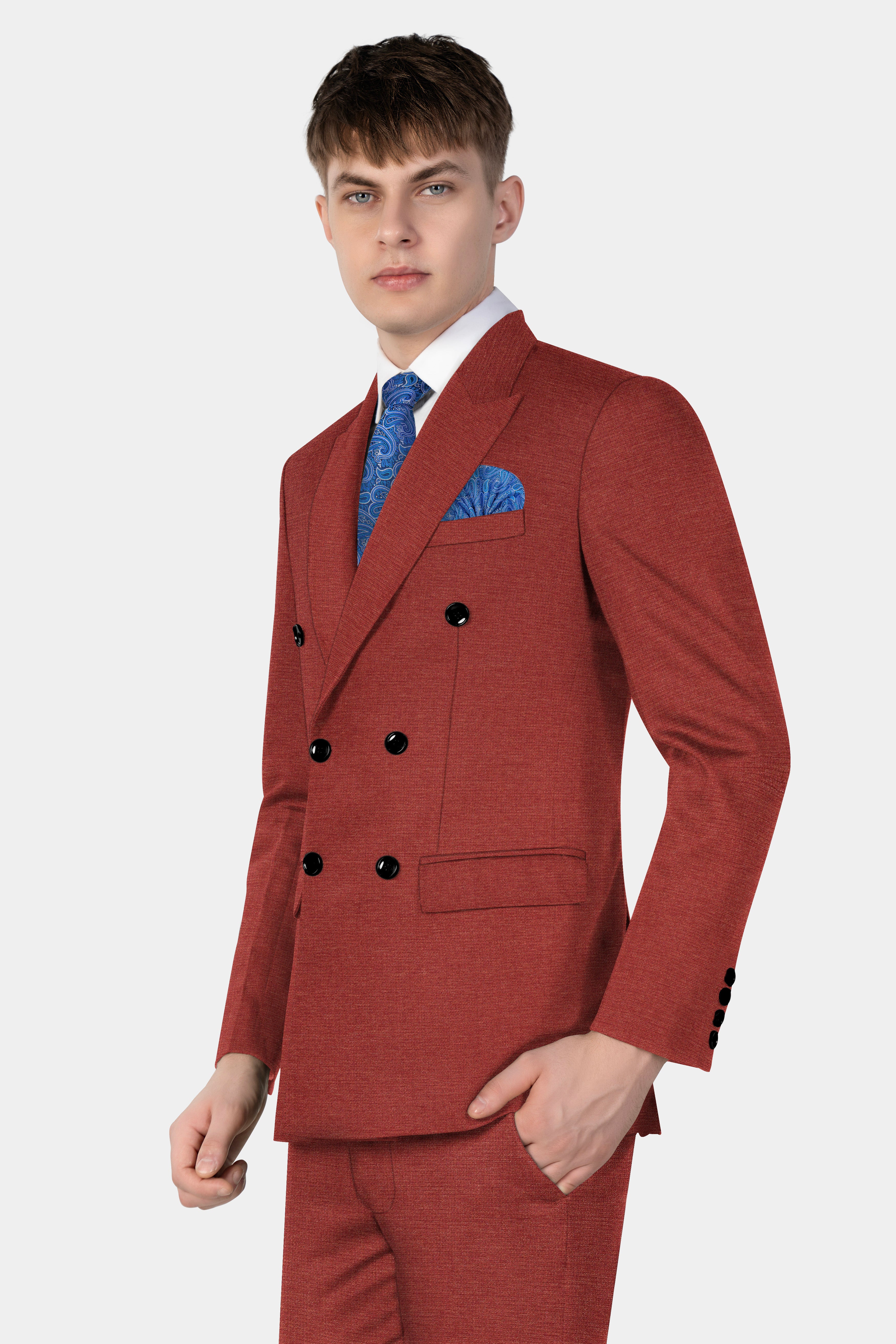 Brick Red Textured Double Breasted Suit