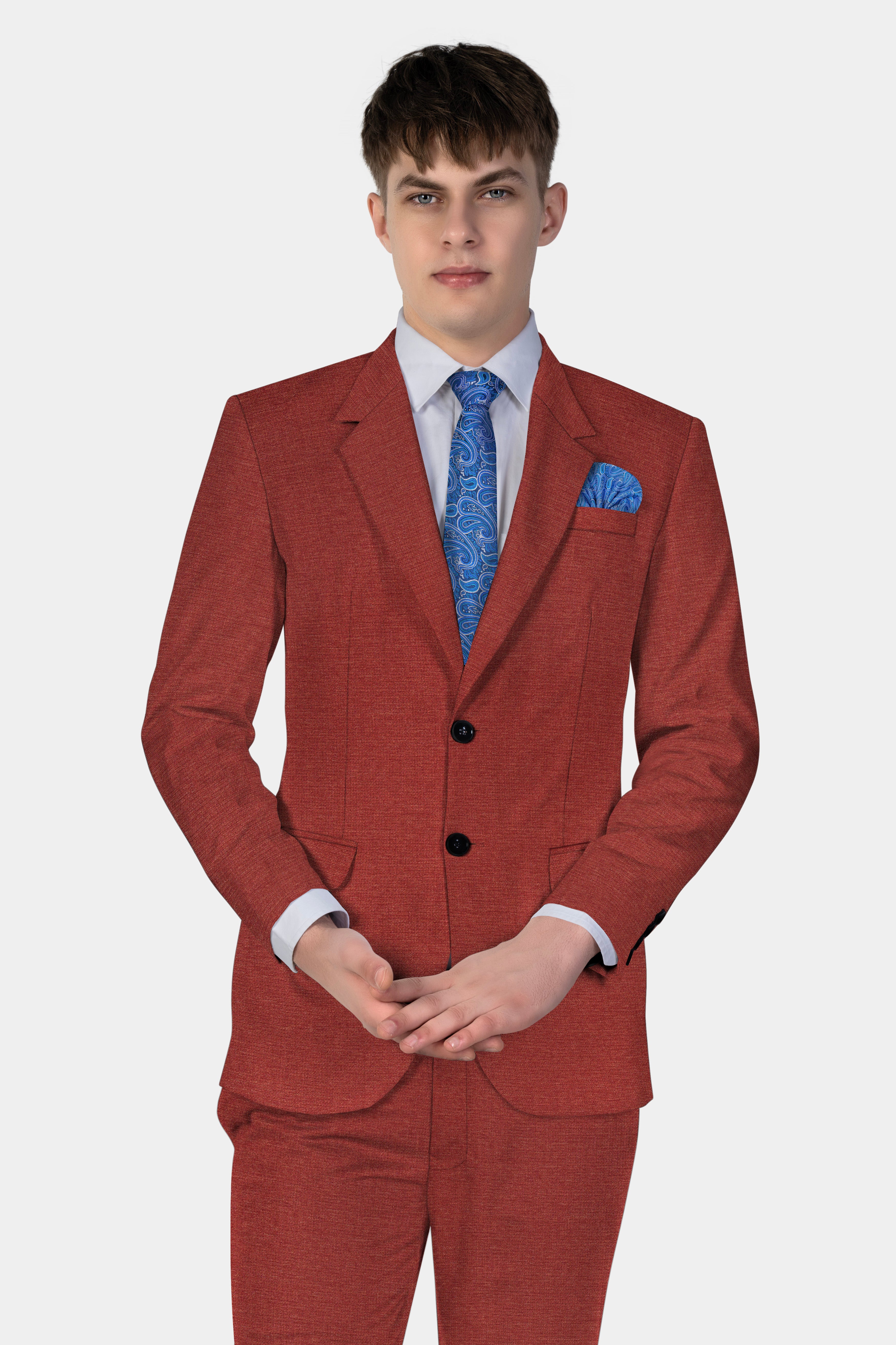 Brick Red Textured Single Breasted Suit