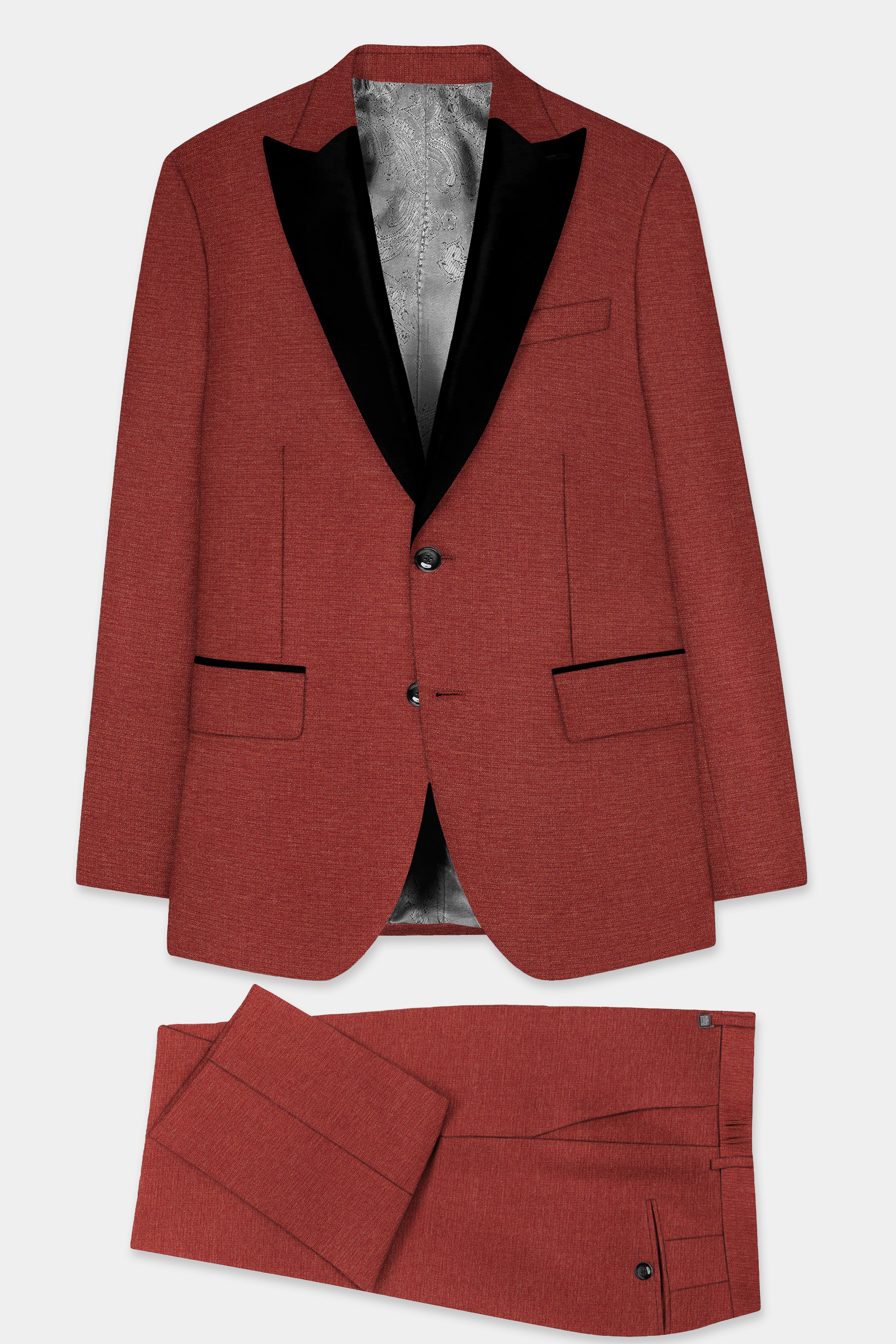 Brick Red Textured Peak Collar Tuxedo Suit