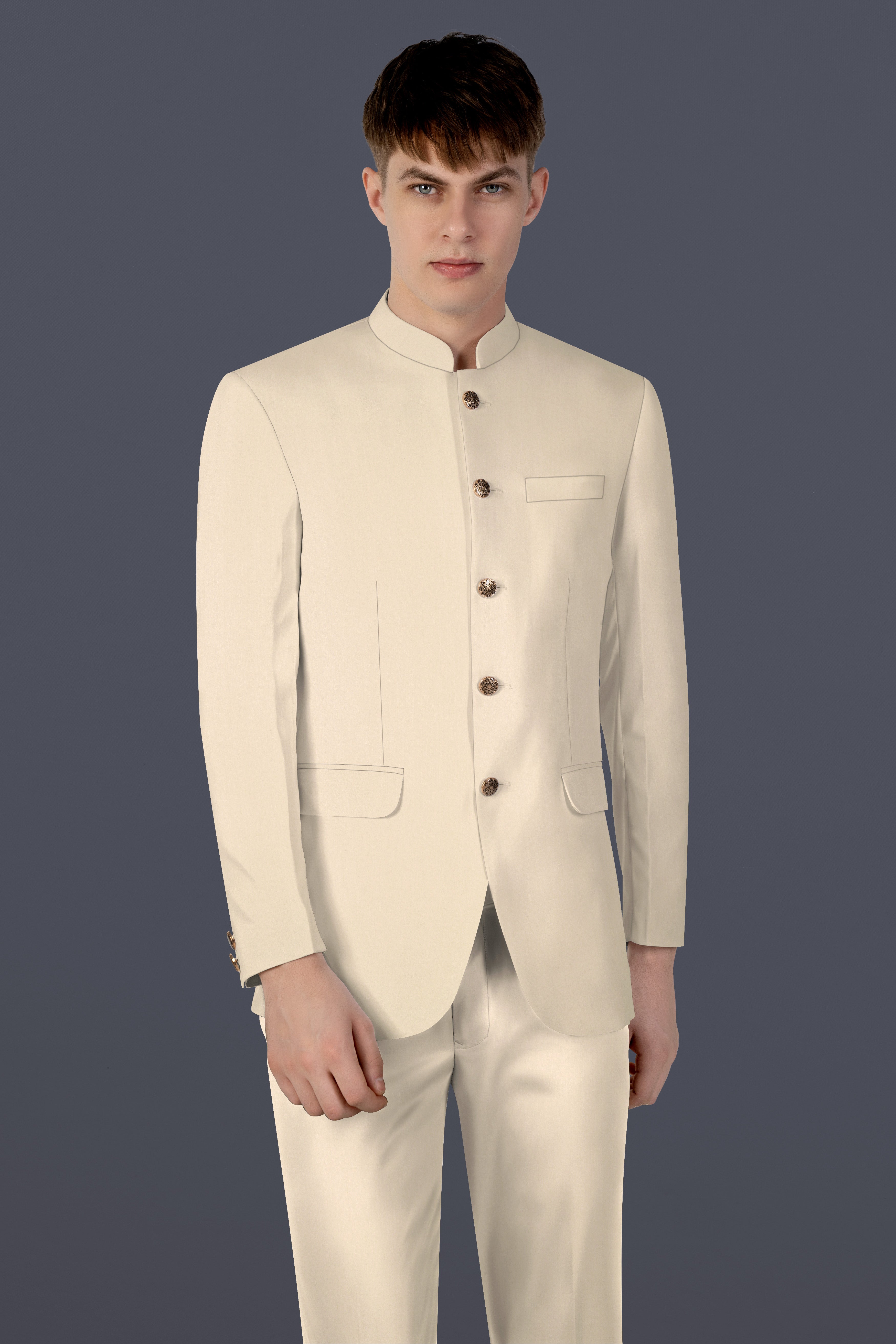 Hampton Cream Solid Wool Blend Bandhgala Suit