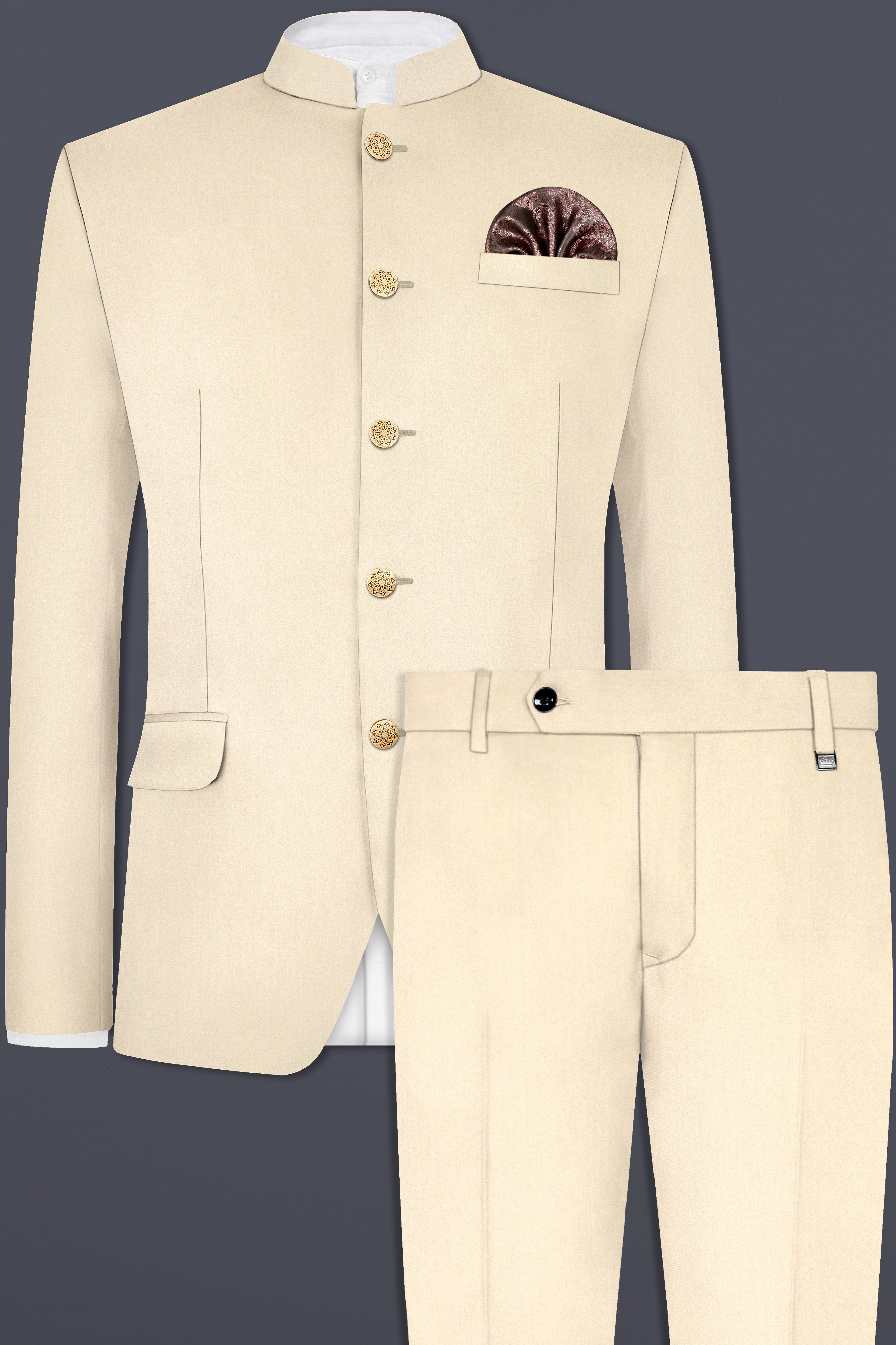 Hampton Cream Solid Wool Blend Bandhgala Suit