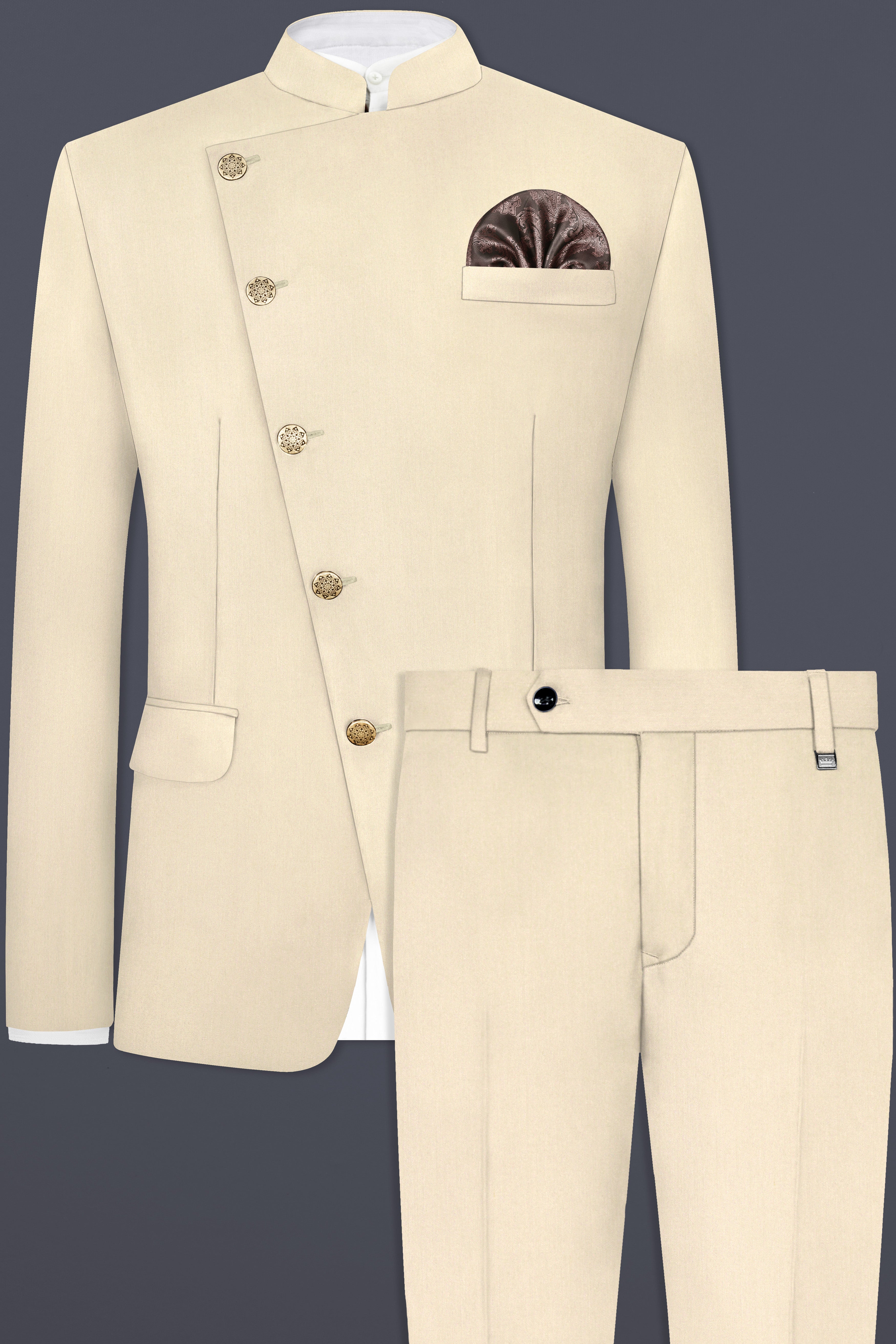 Hampton Cream Solid Wool Blend Cross Placket Bandhgala Suit