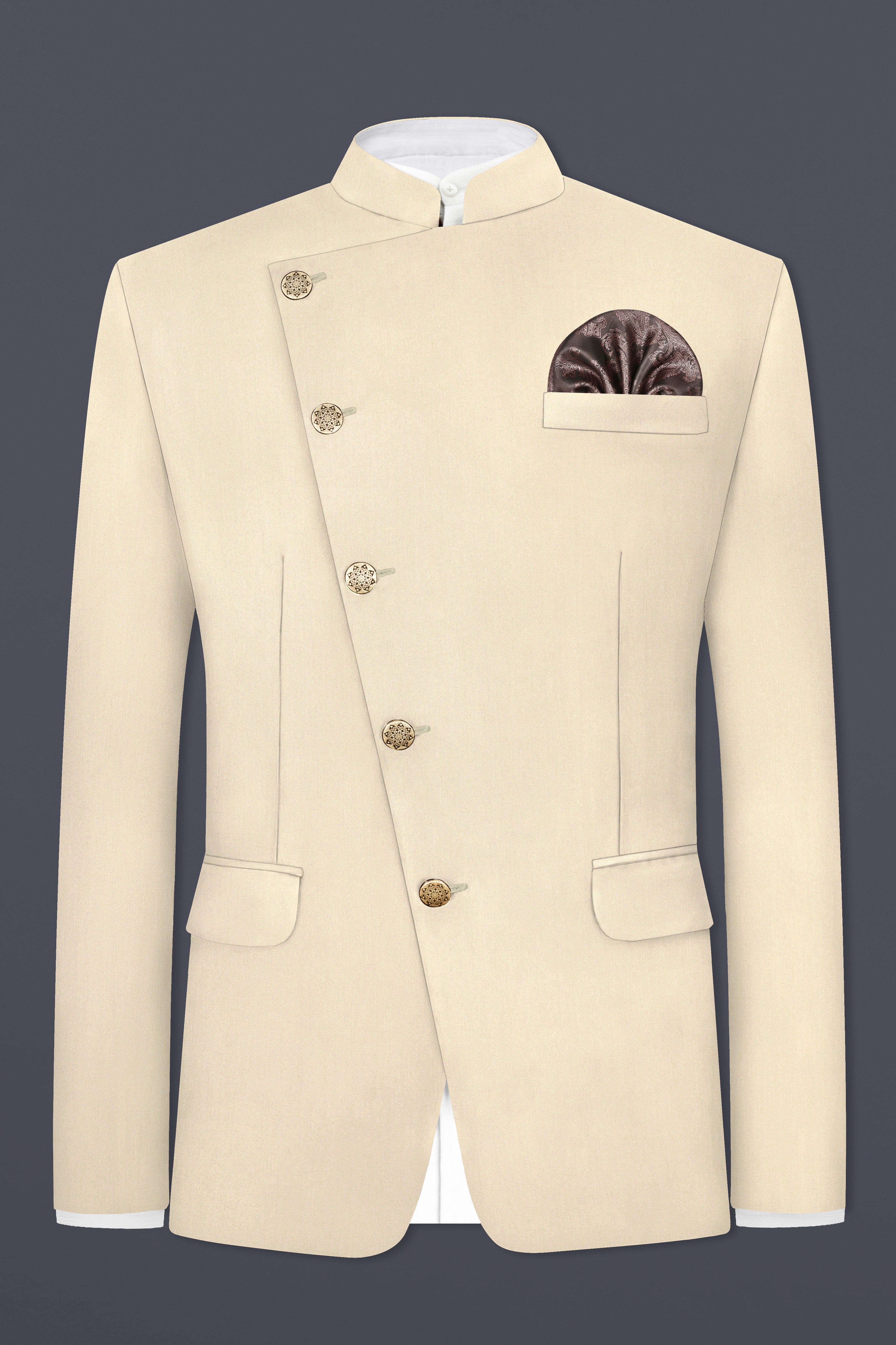 Hampton Cream Solid Wool Blend Cross Placket Bandhgala Suit