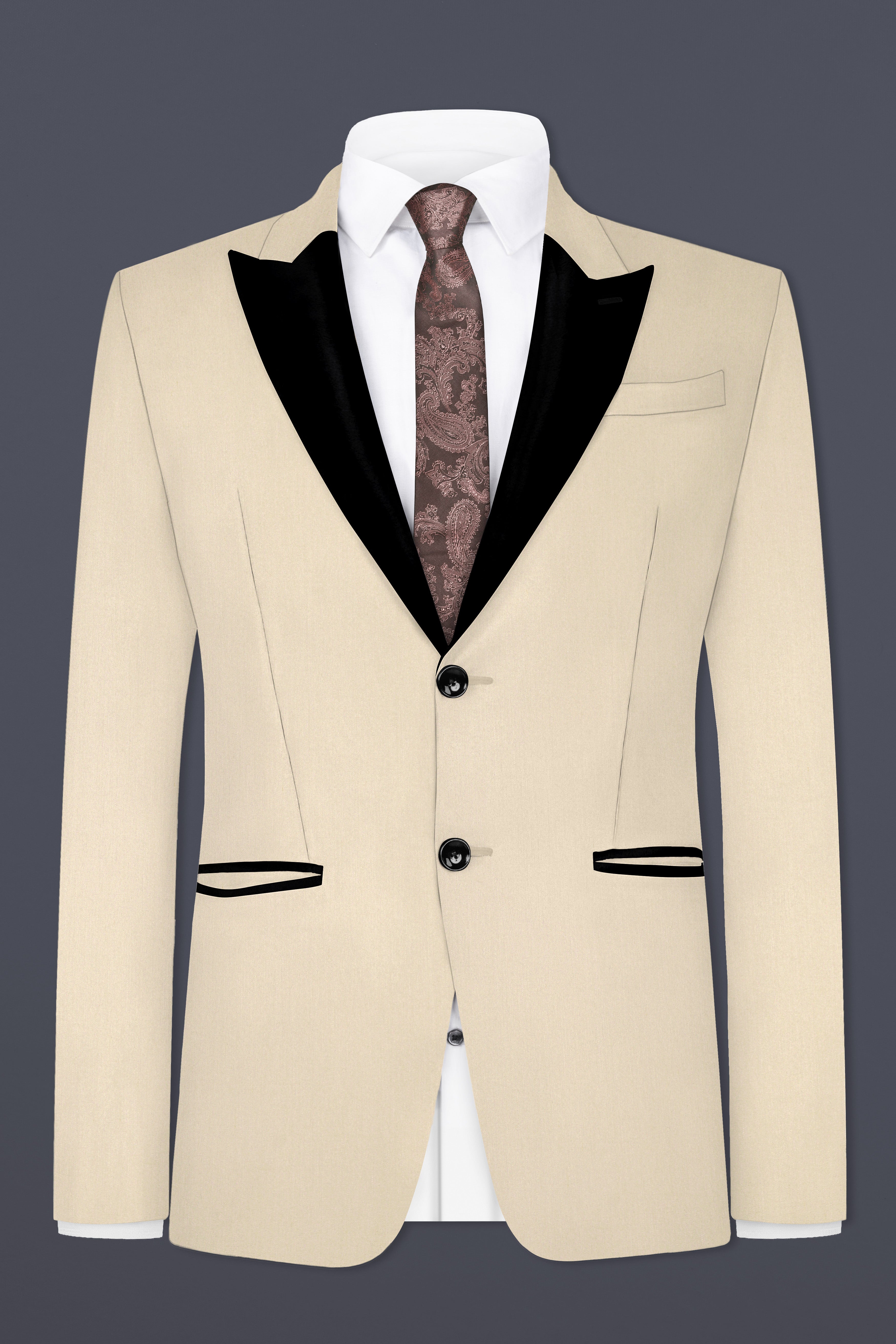 Hampton Cream Solid Wool Blend Peak Collar Tuxedo Suit