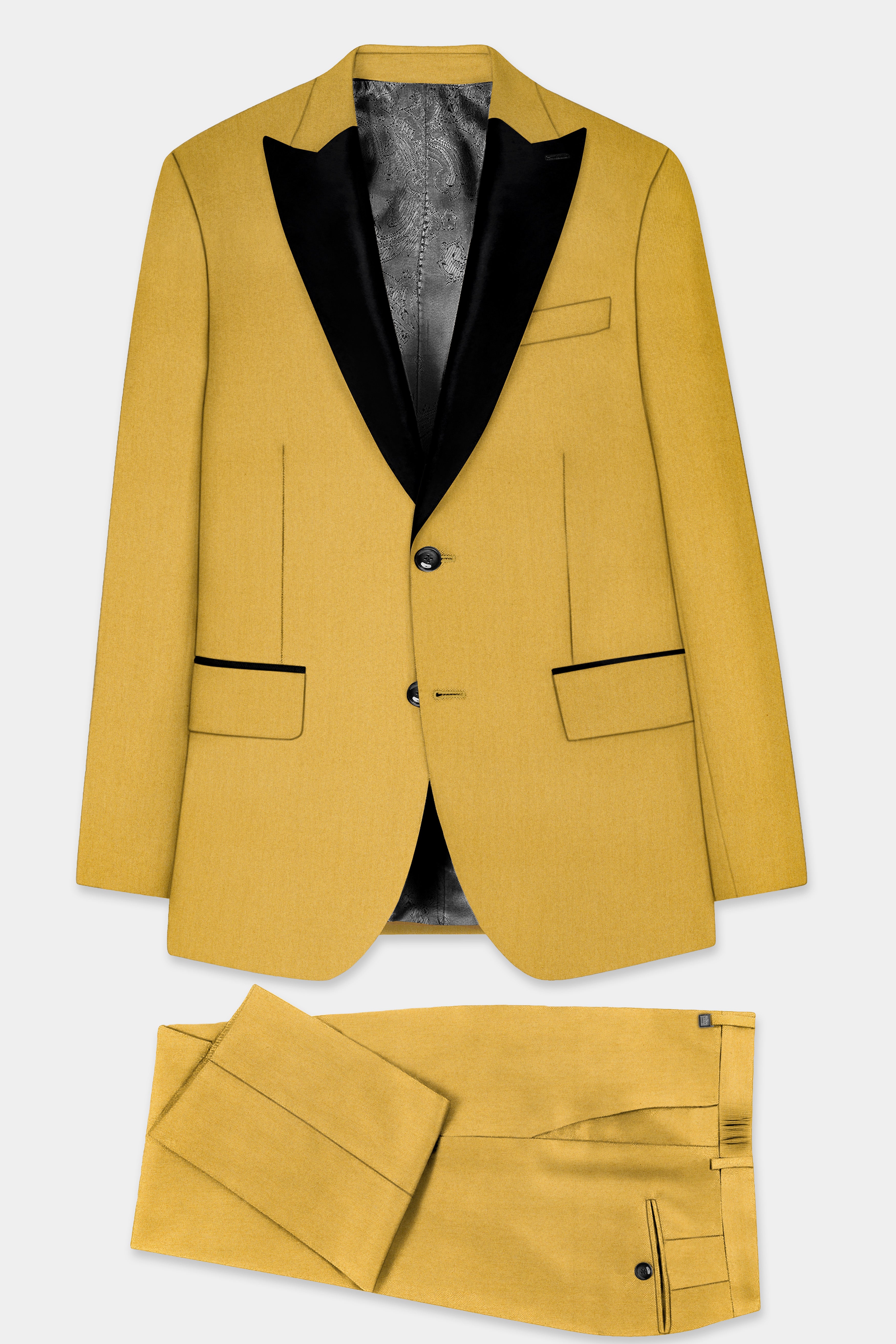 Camel Yellow Solid Cotton Peak Collar Tuxedo Suit