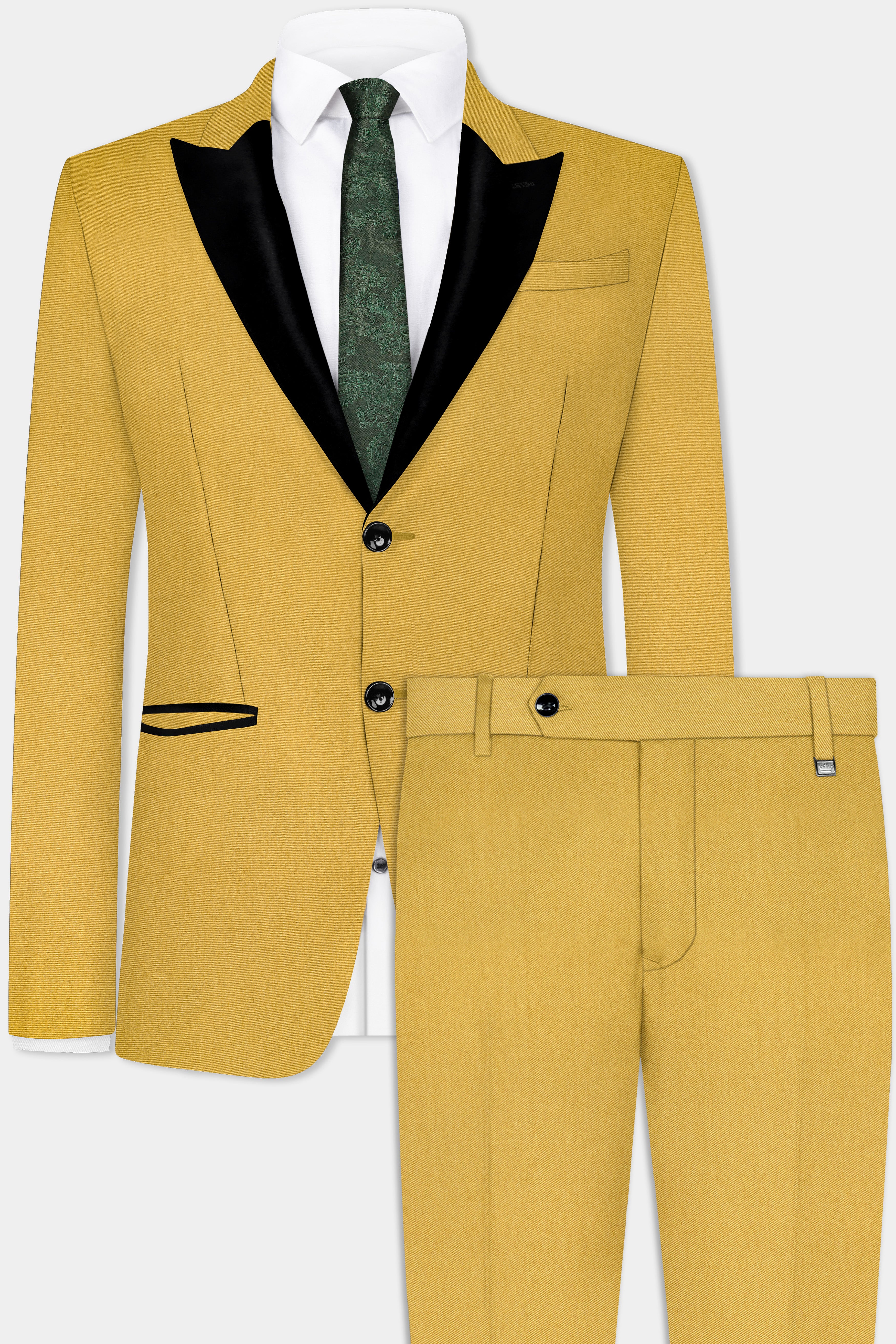 Camel Yellow Solid Cotton Peak Collar Tuxedo Suit