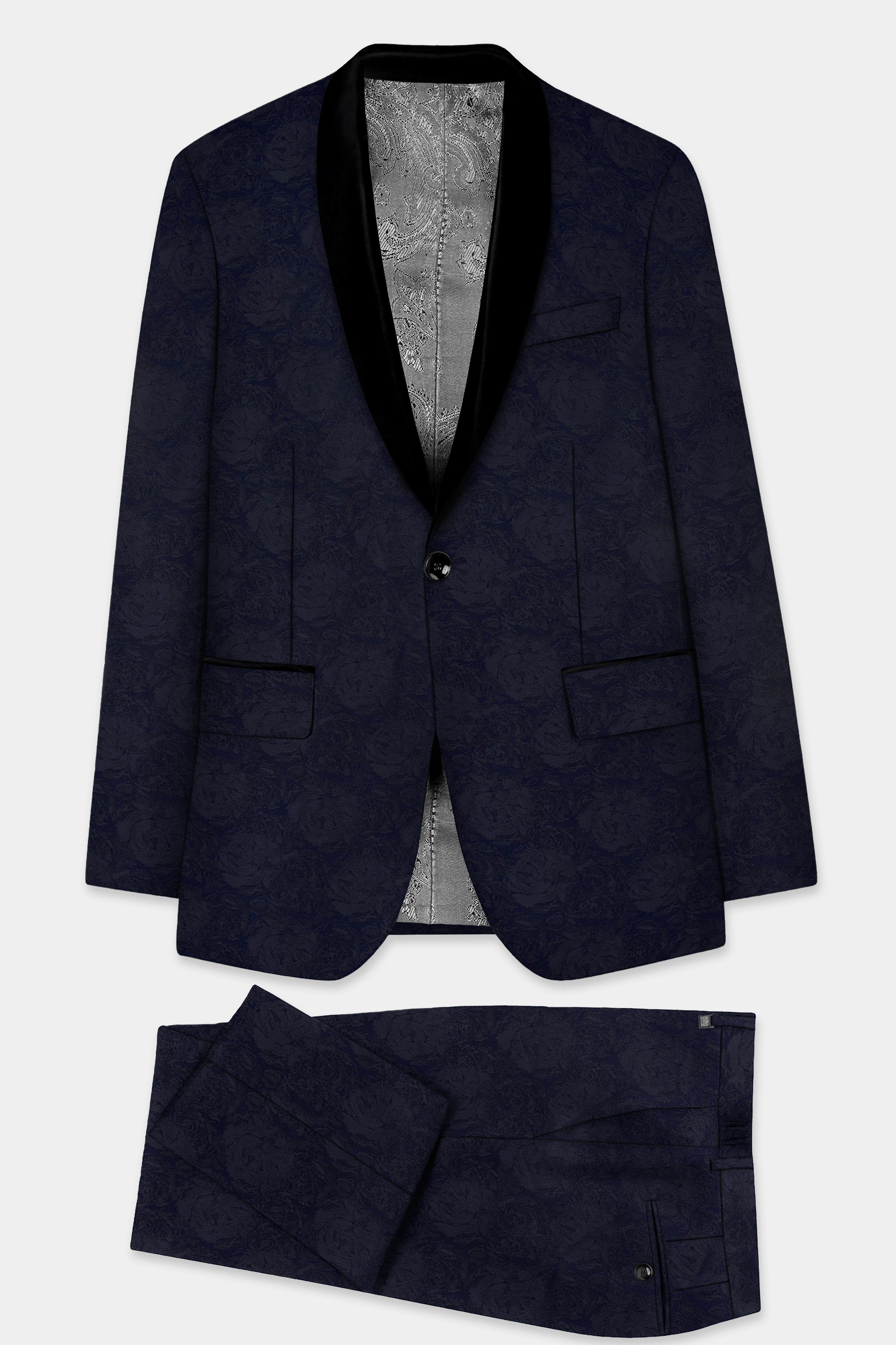 Firefly Blue and Black Jacquard Textured Tuxedo Suit