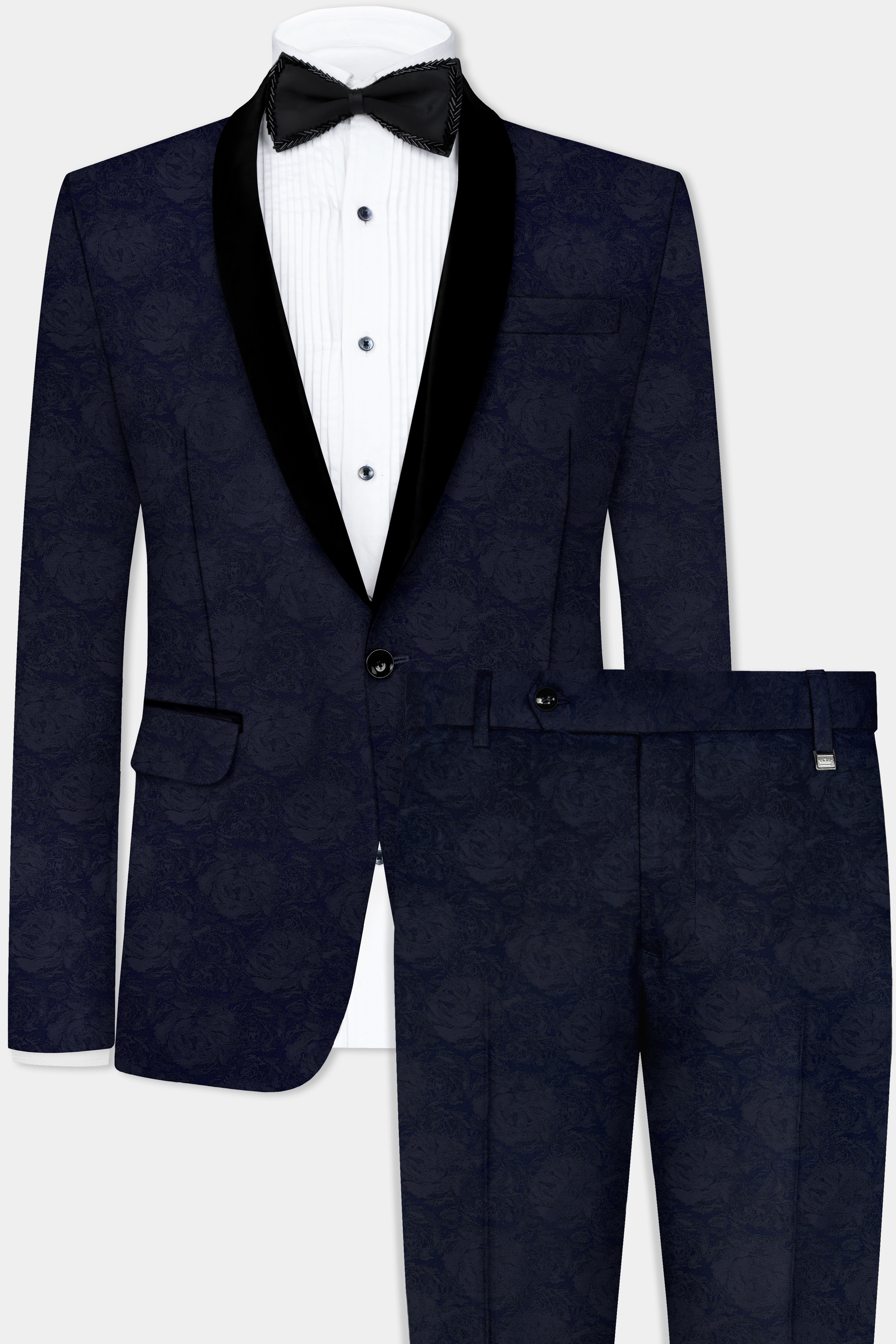 Firefly Blue and Black Jacquard Textured Tuxedo Suit