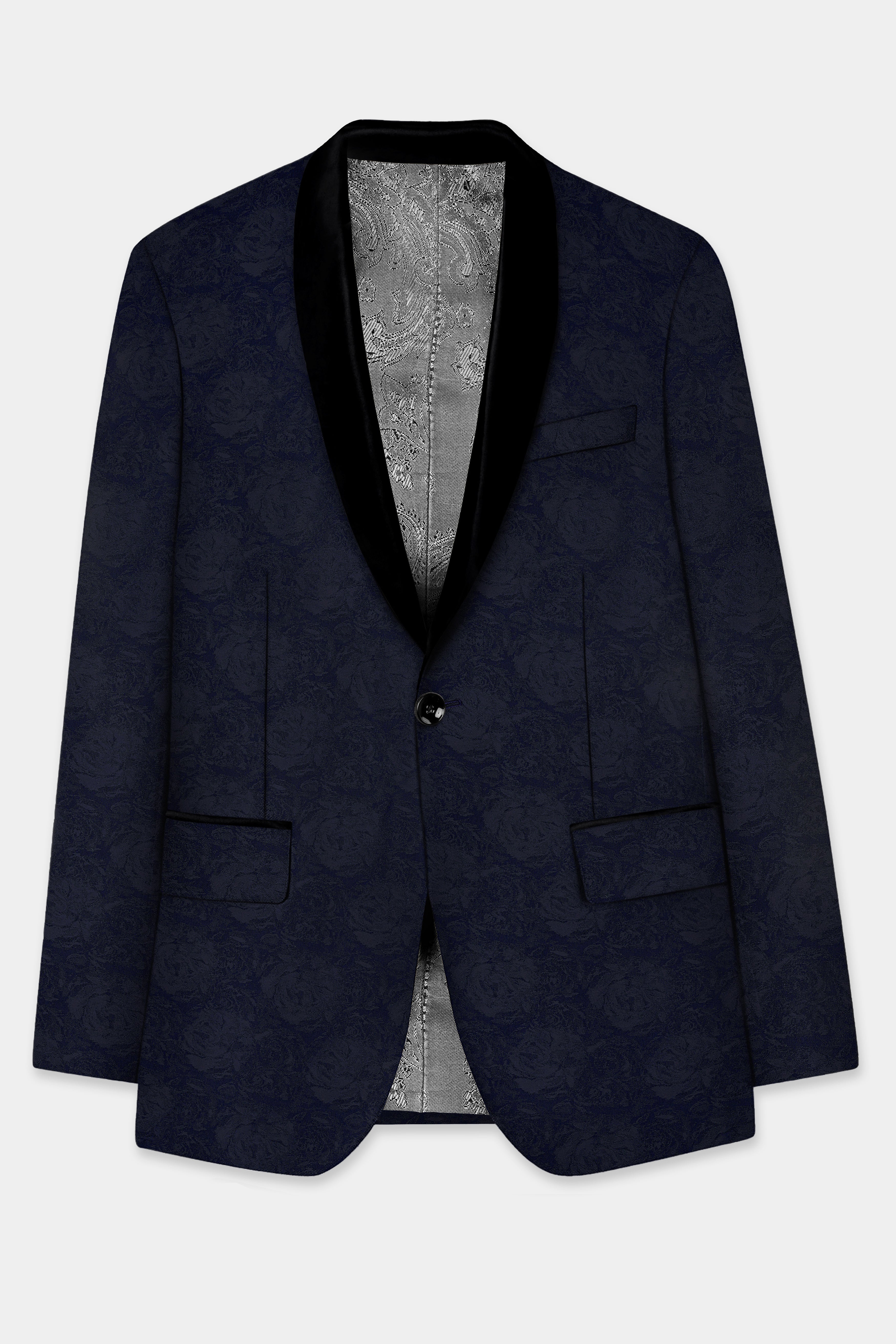 Firefly Blue and Black Jacquard Textured Tuxedo Suit