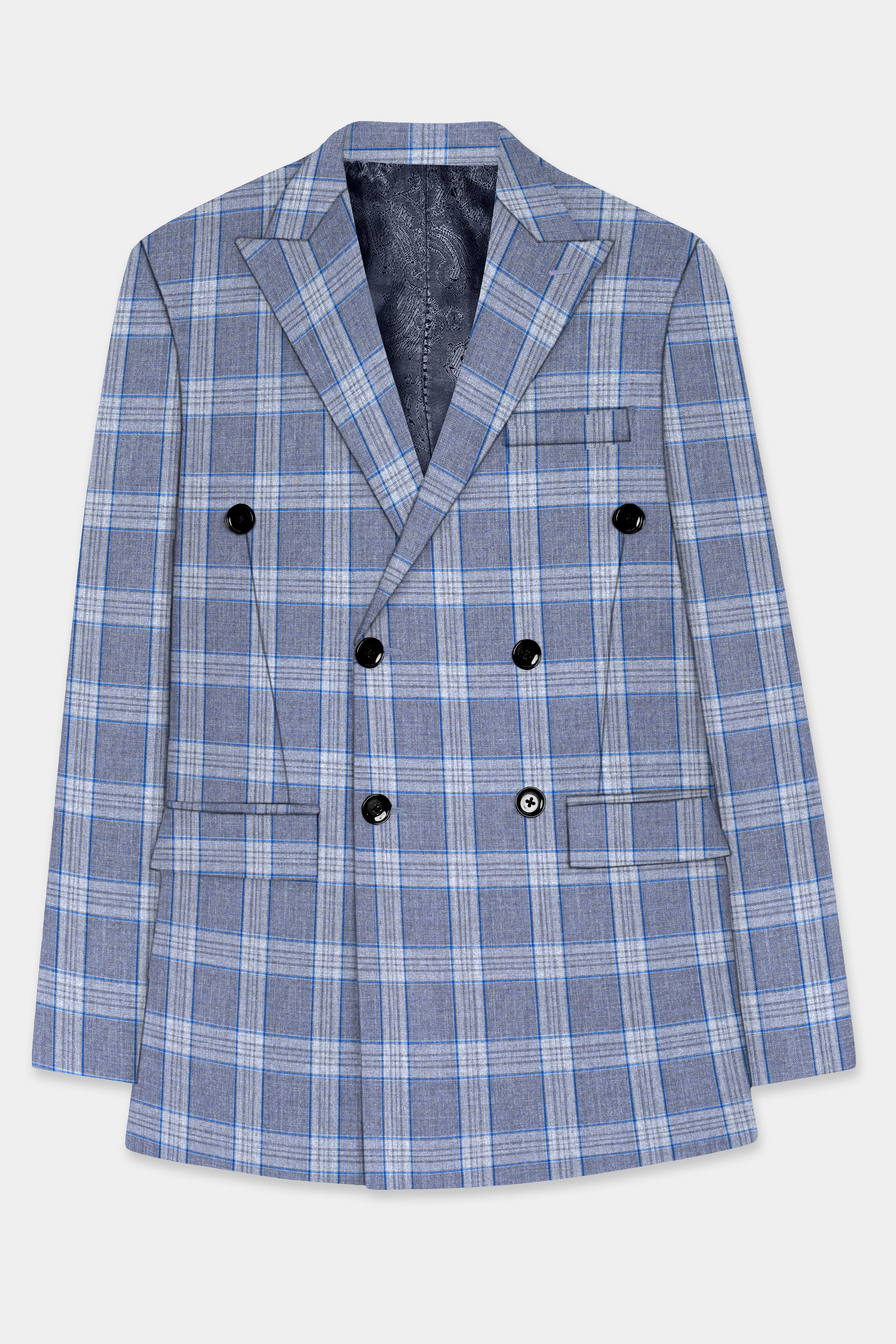 Amethyst Smoke Blue Checked Wool Blend Double Breasted Suit