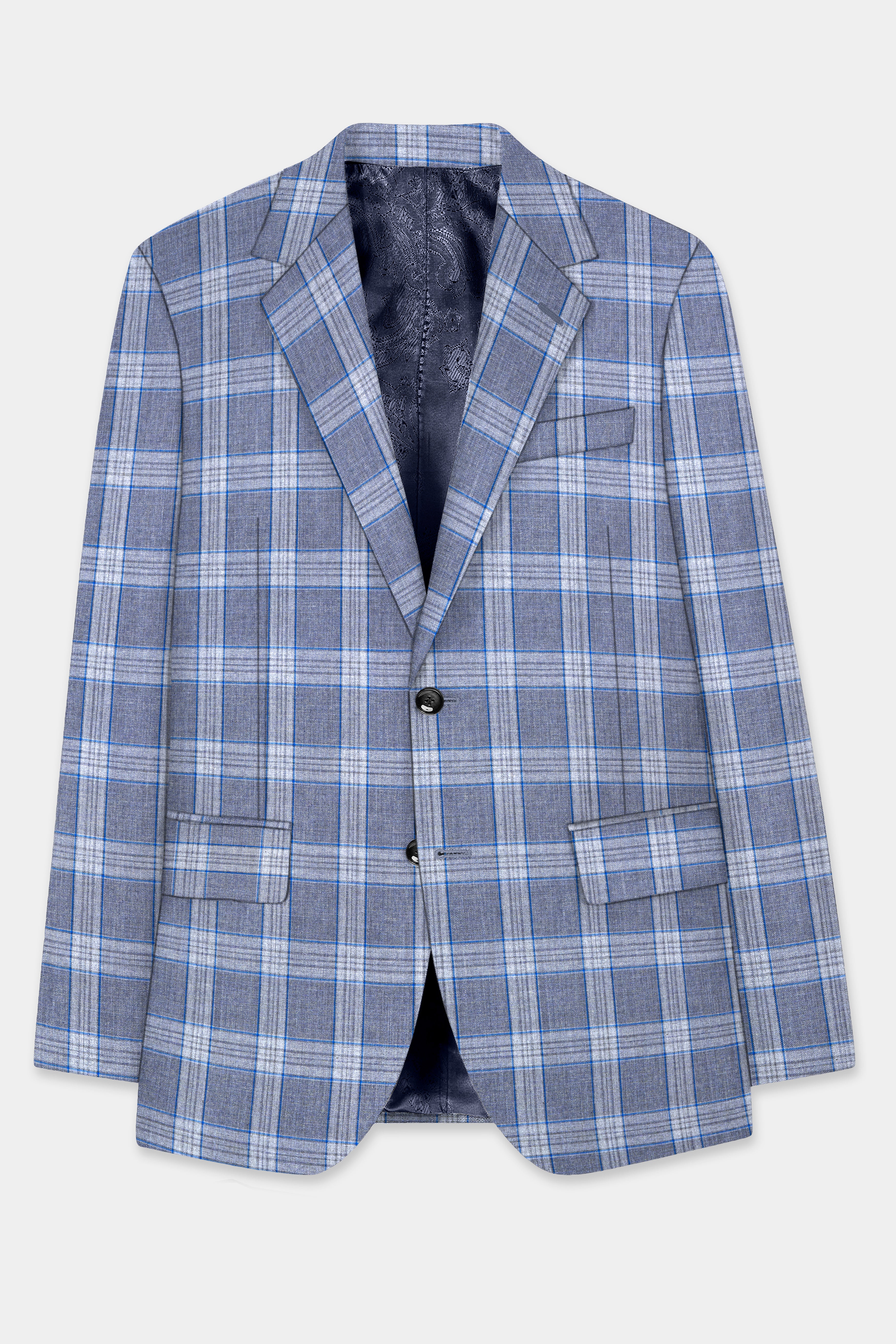 Amethyst Smoke Blue Checked Wool Blend Suit