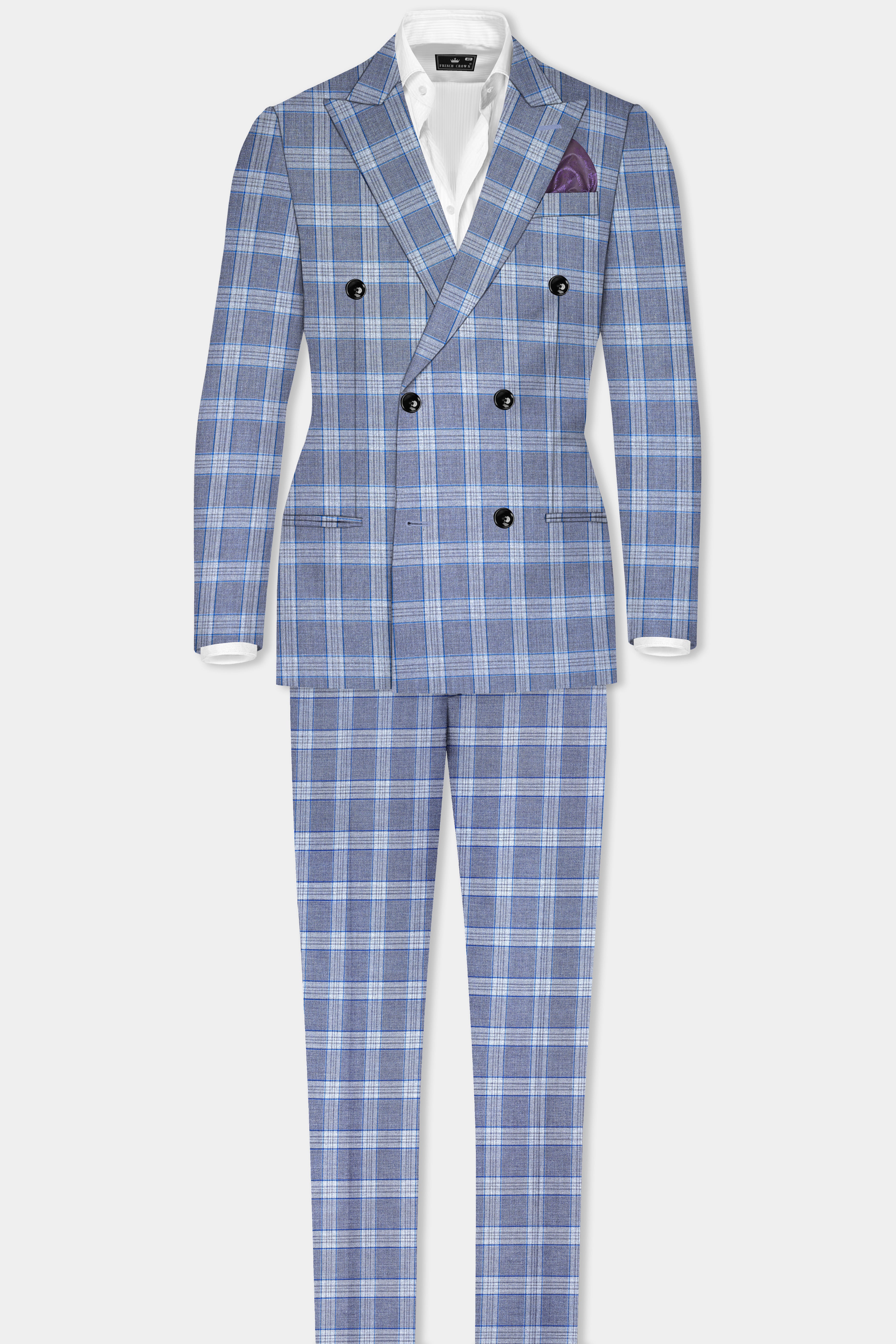 Amethyst Smoke Blue Checked Wool Blend Double Breasted Suit