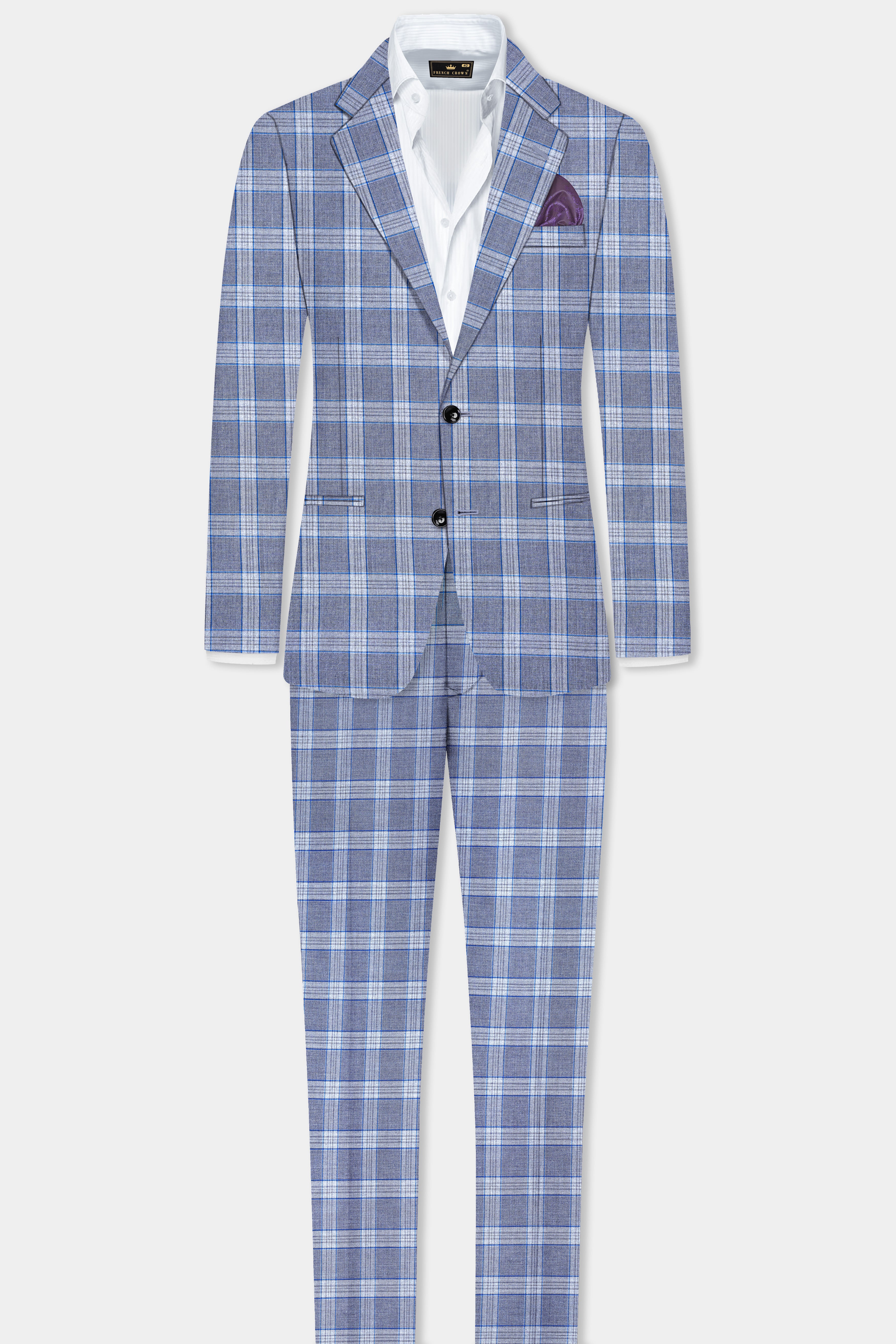 Amethyst Smoke Blue Checked Wool Blend Suit