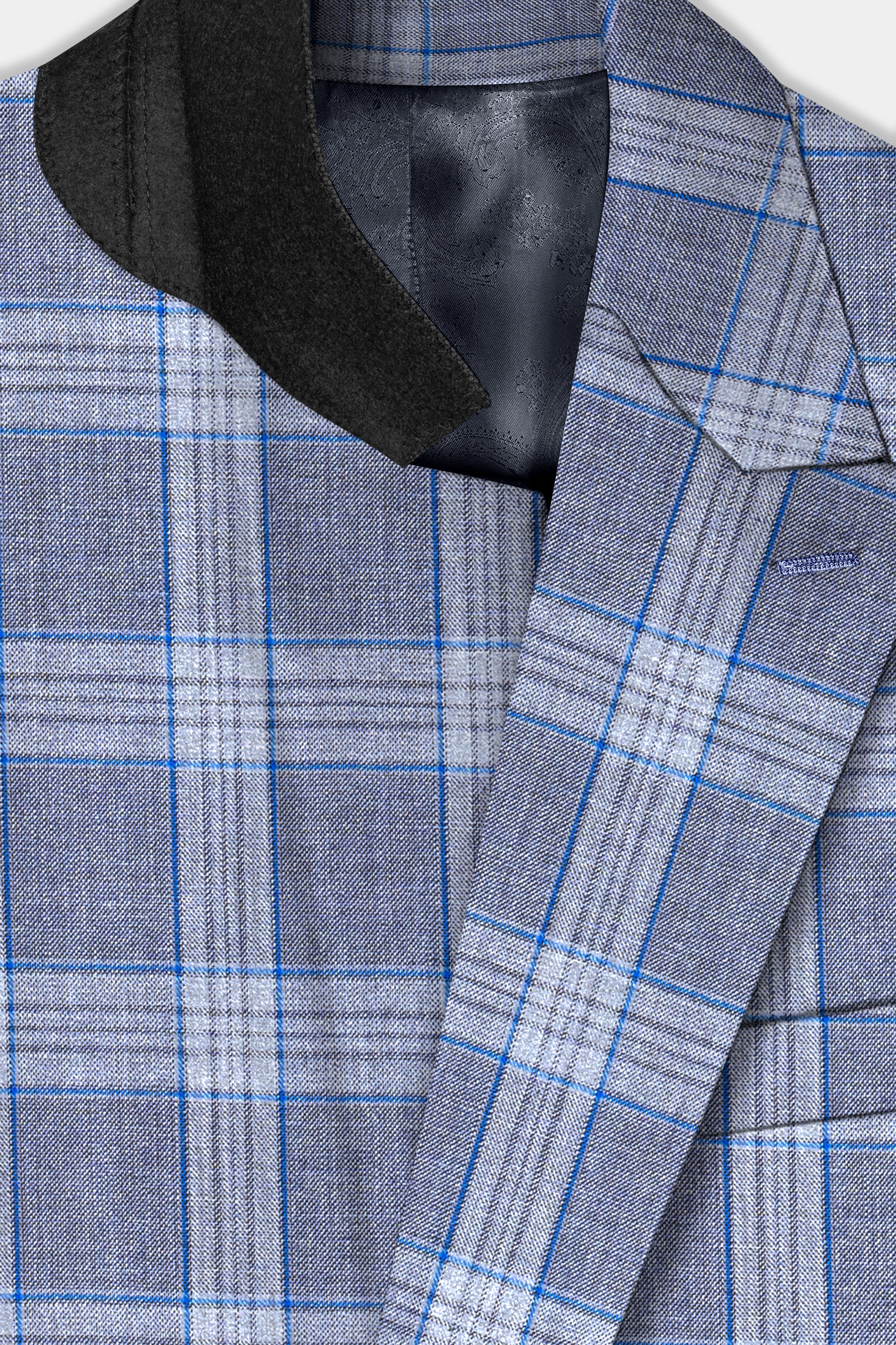 Amethyst Smoke Blue Checked Wool Blend Double Breasted Suit