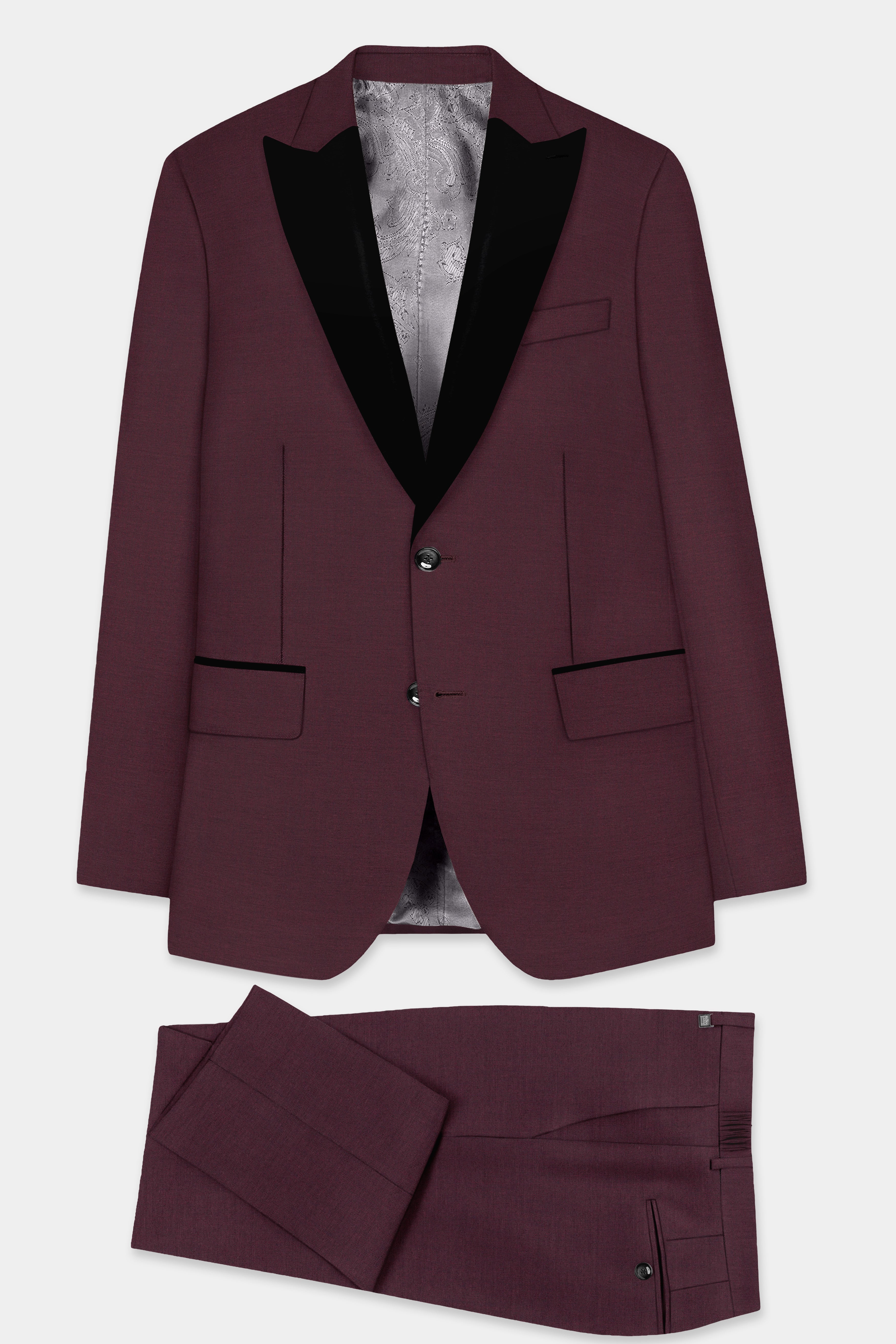 Crater Maroon Solid Wool Blend Peak Collar Tuxedo Suit