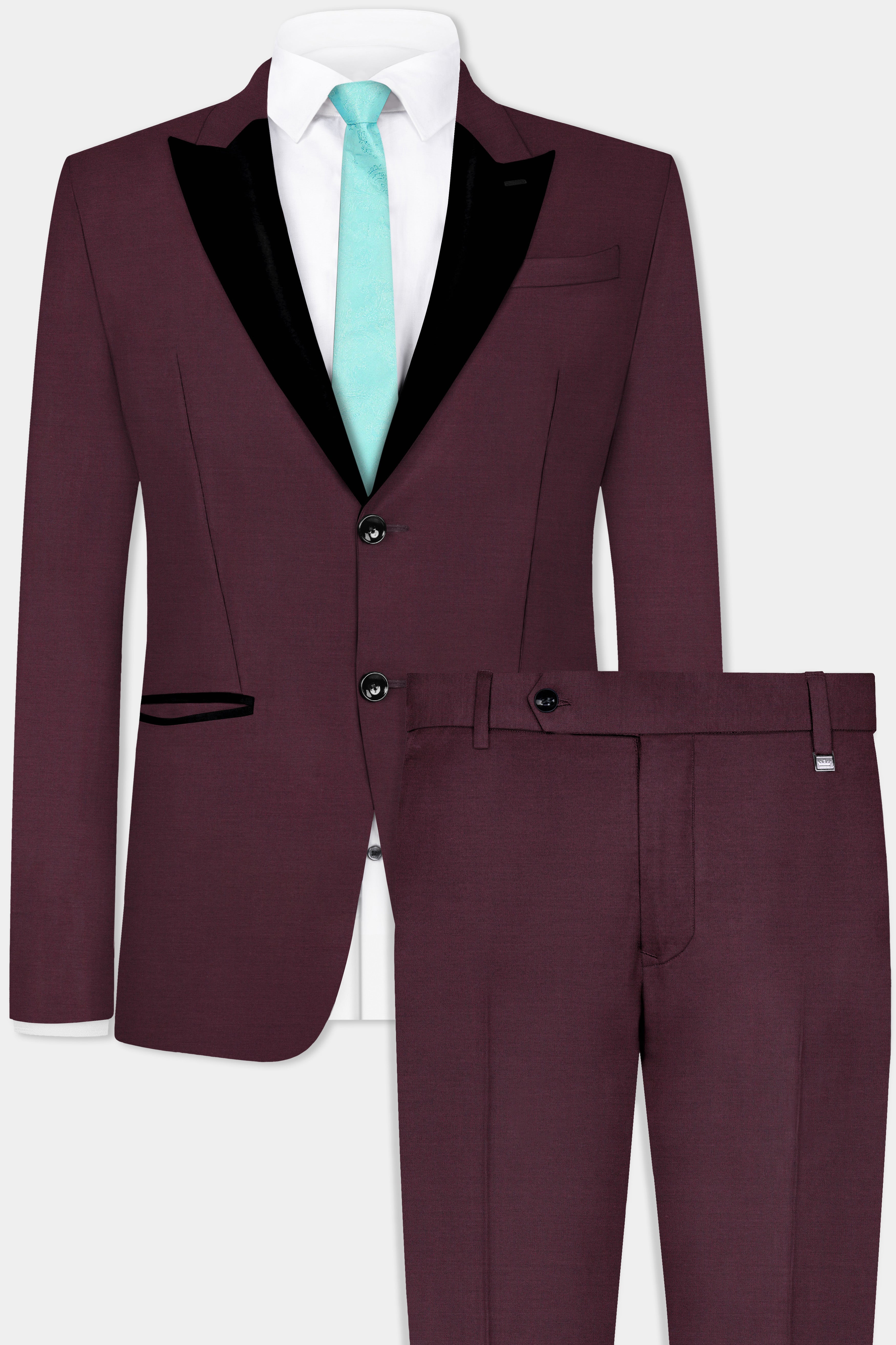 Crater Maroon Solid Wool Blend Peak Collar Tuxedo Suit