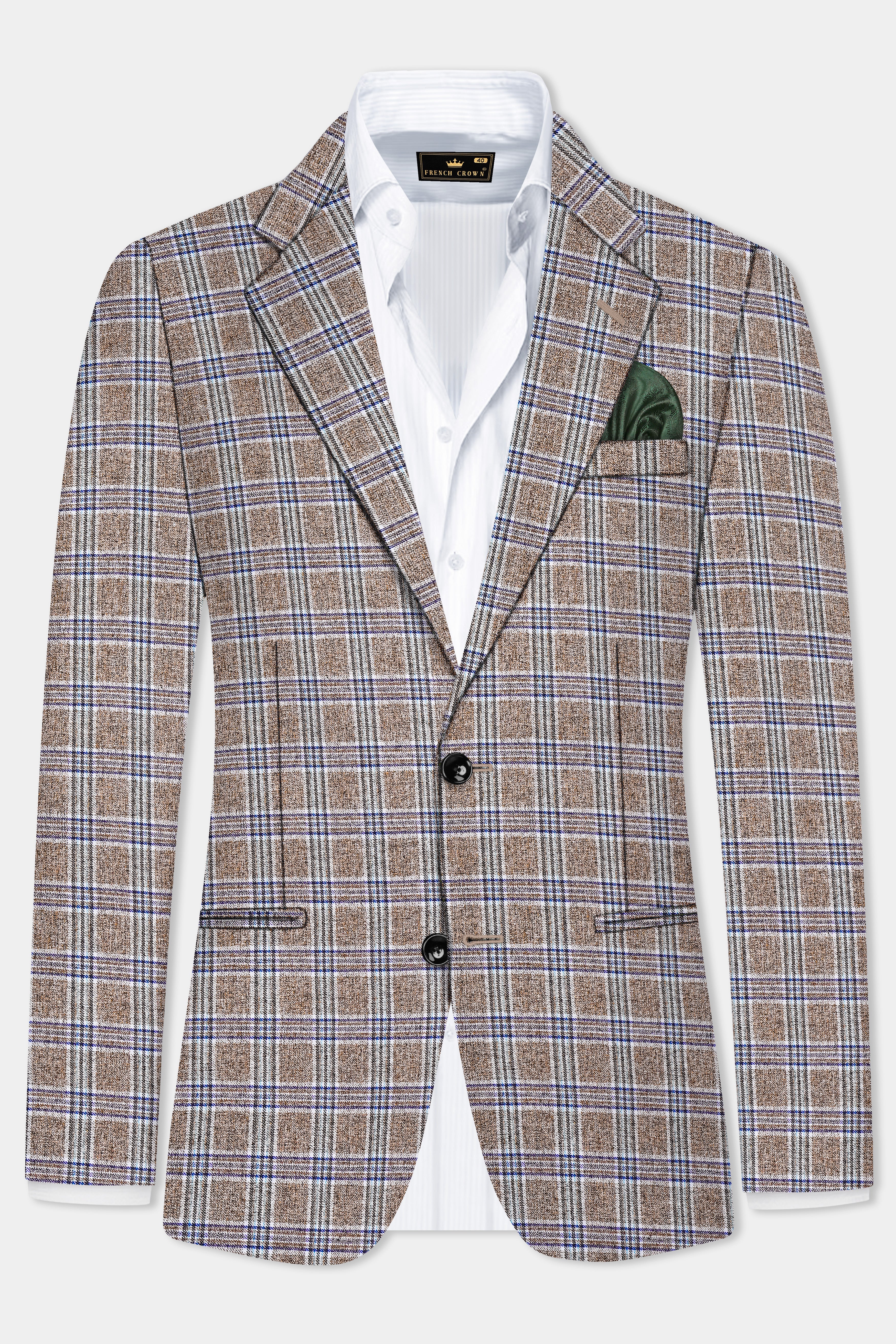 Shadow Brown with Rhino Blue Plaid Wool Blend Single Breasted Suit