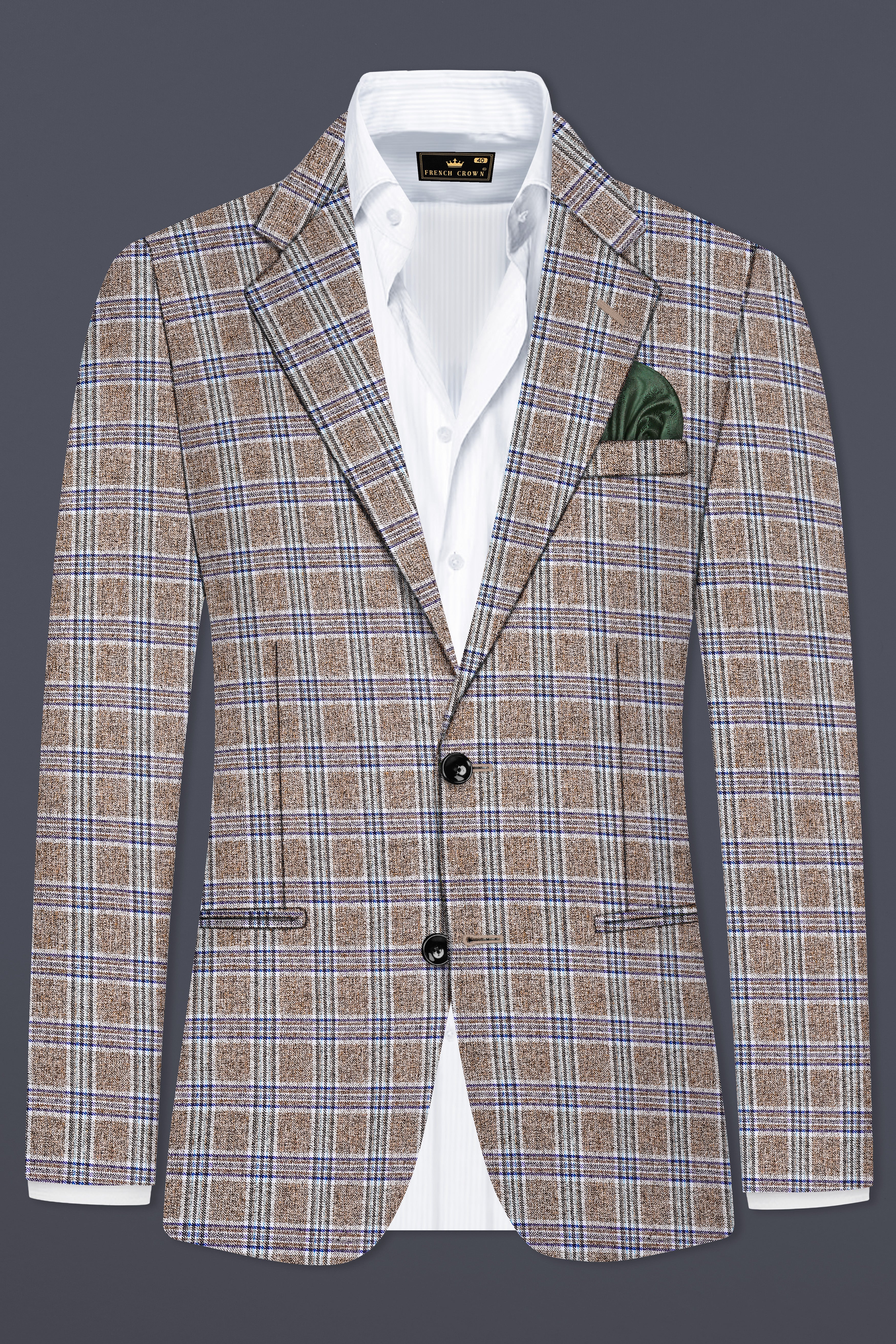 Shadow Brown with Rhino Blue Plaid Wool Blend Single Breasted Suit