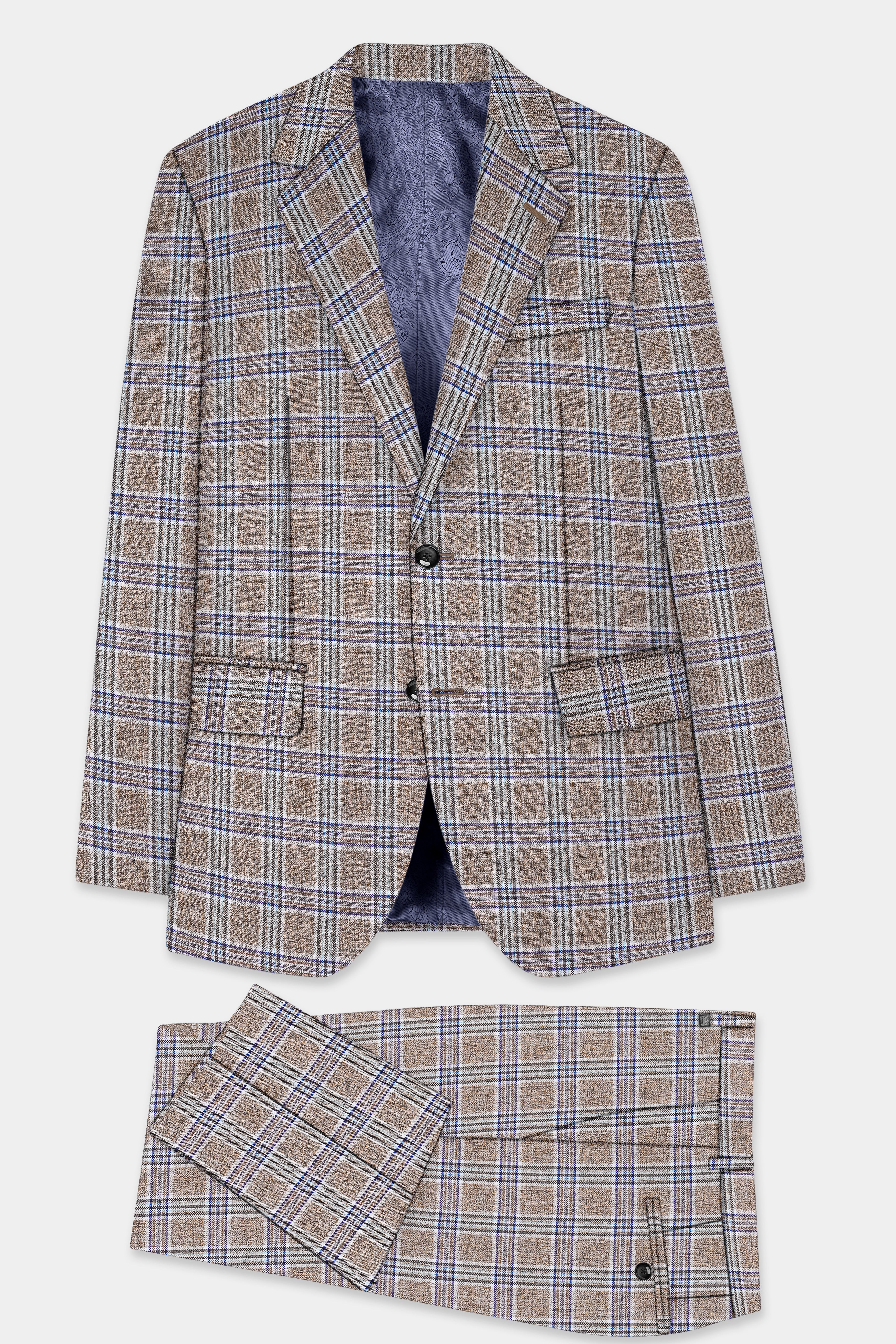 Shadow Brown with Rhino Blue Plaid Wool Blend Single Breasted Suit