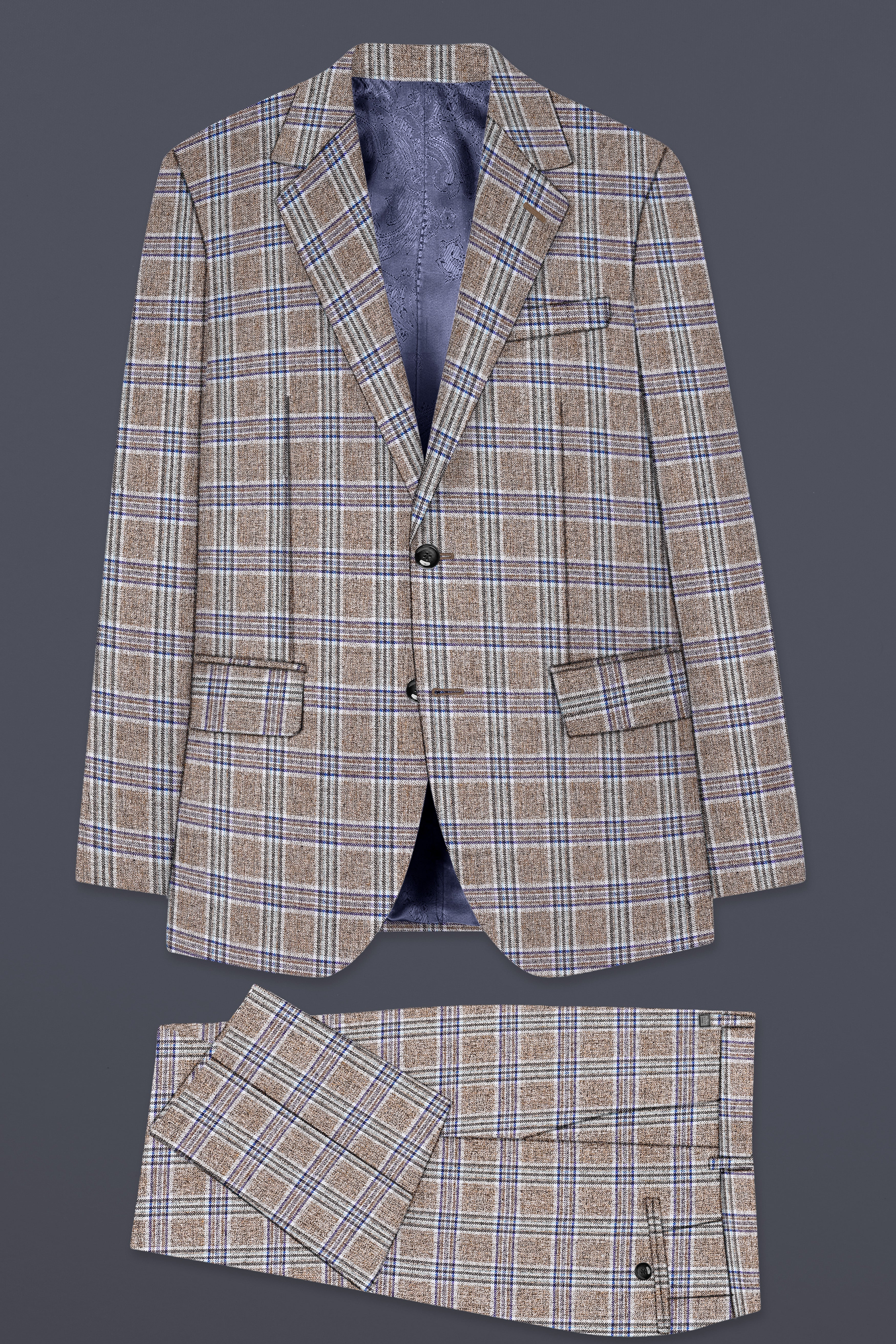 Shadow Brown with Rhino Blue Plaid Wool Blend Single Breasted Suit