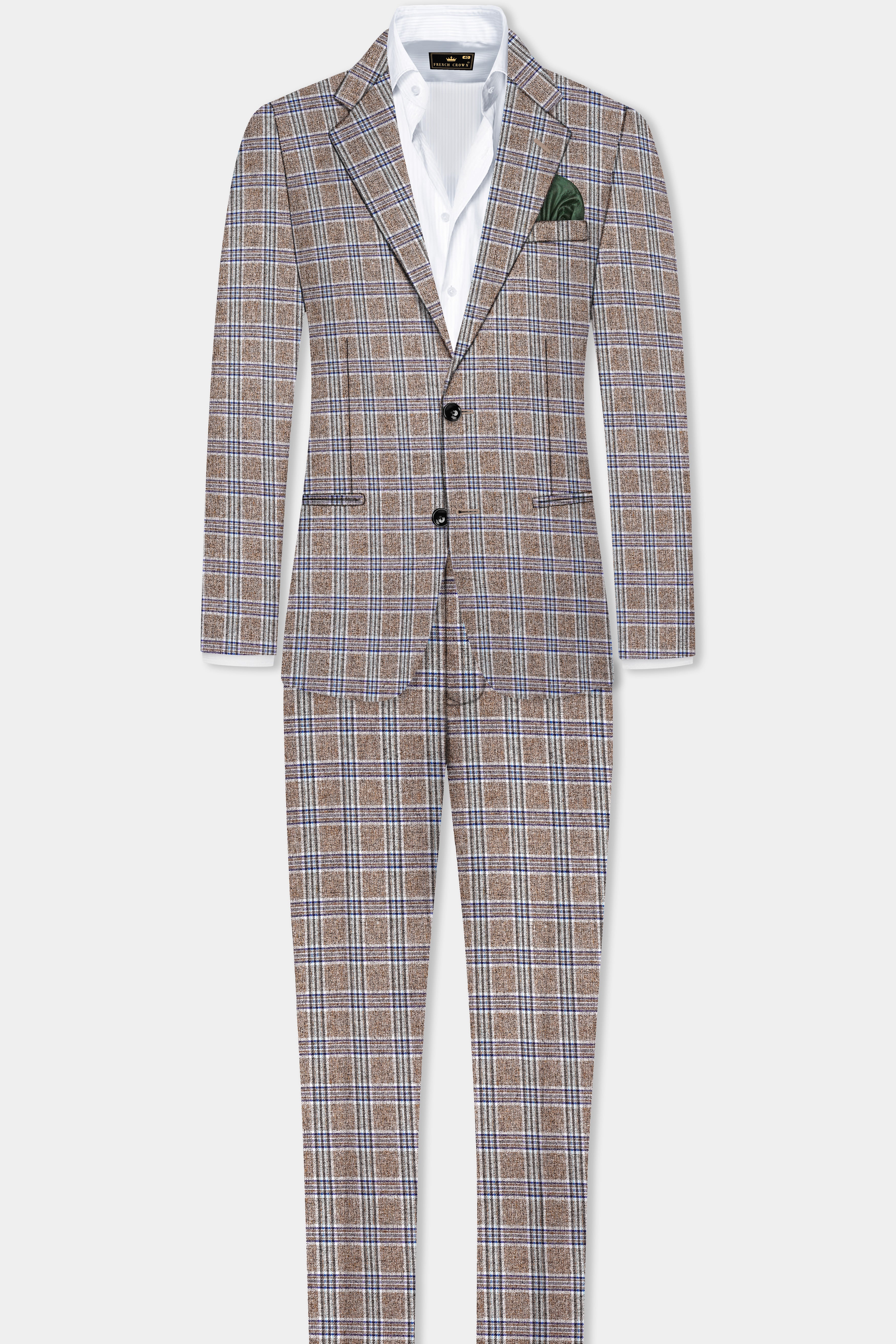 Shadow Brown with Rhino Blue Plaid Wool Blend Single Breasted Suit