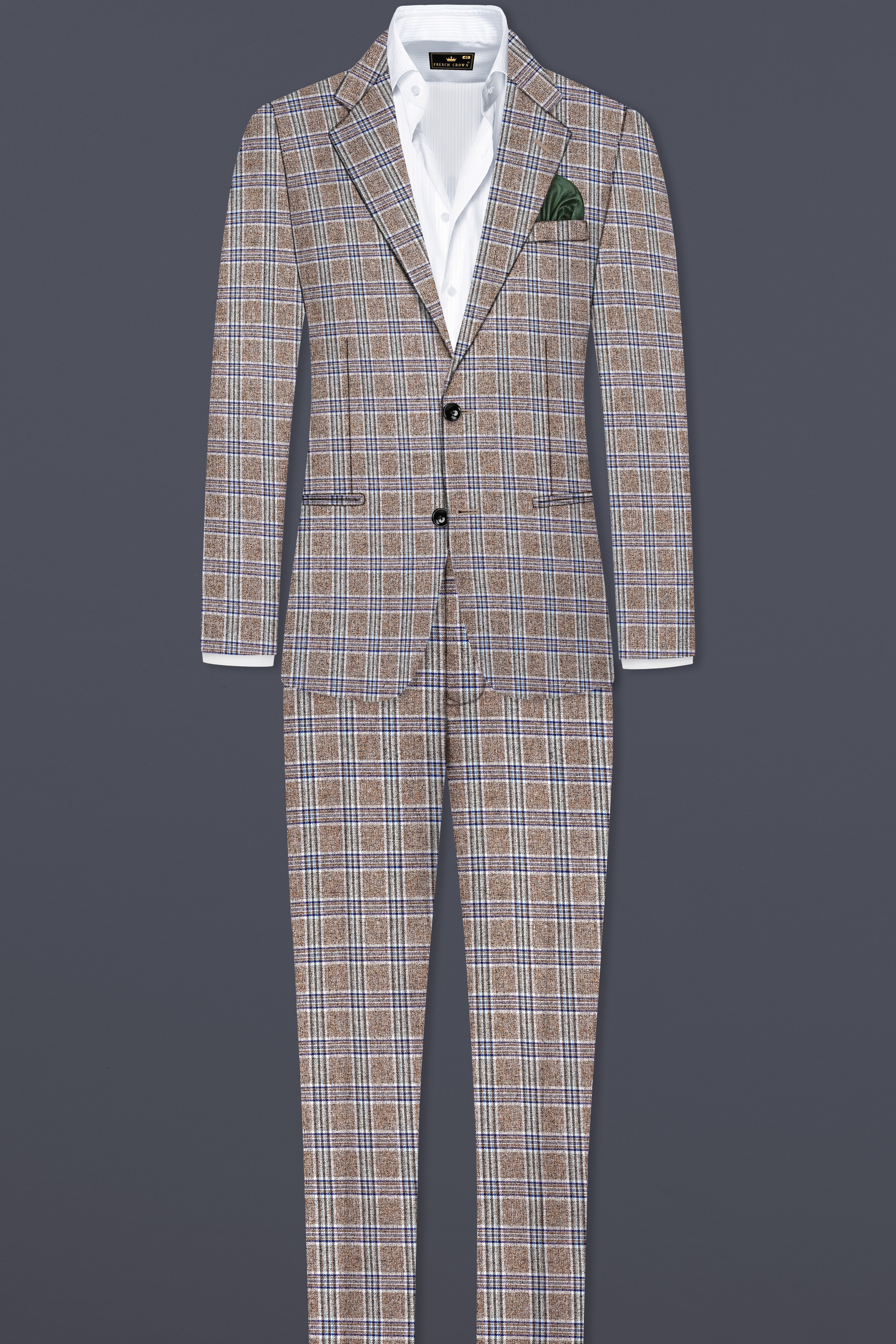 Shadow Brown with Rhino Blue Plaid Wool Blend Single Breasted Suit