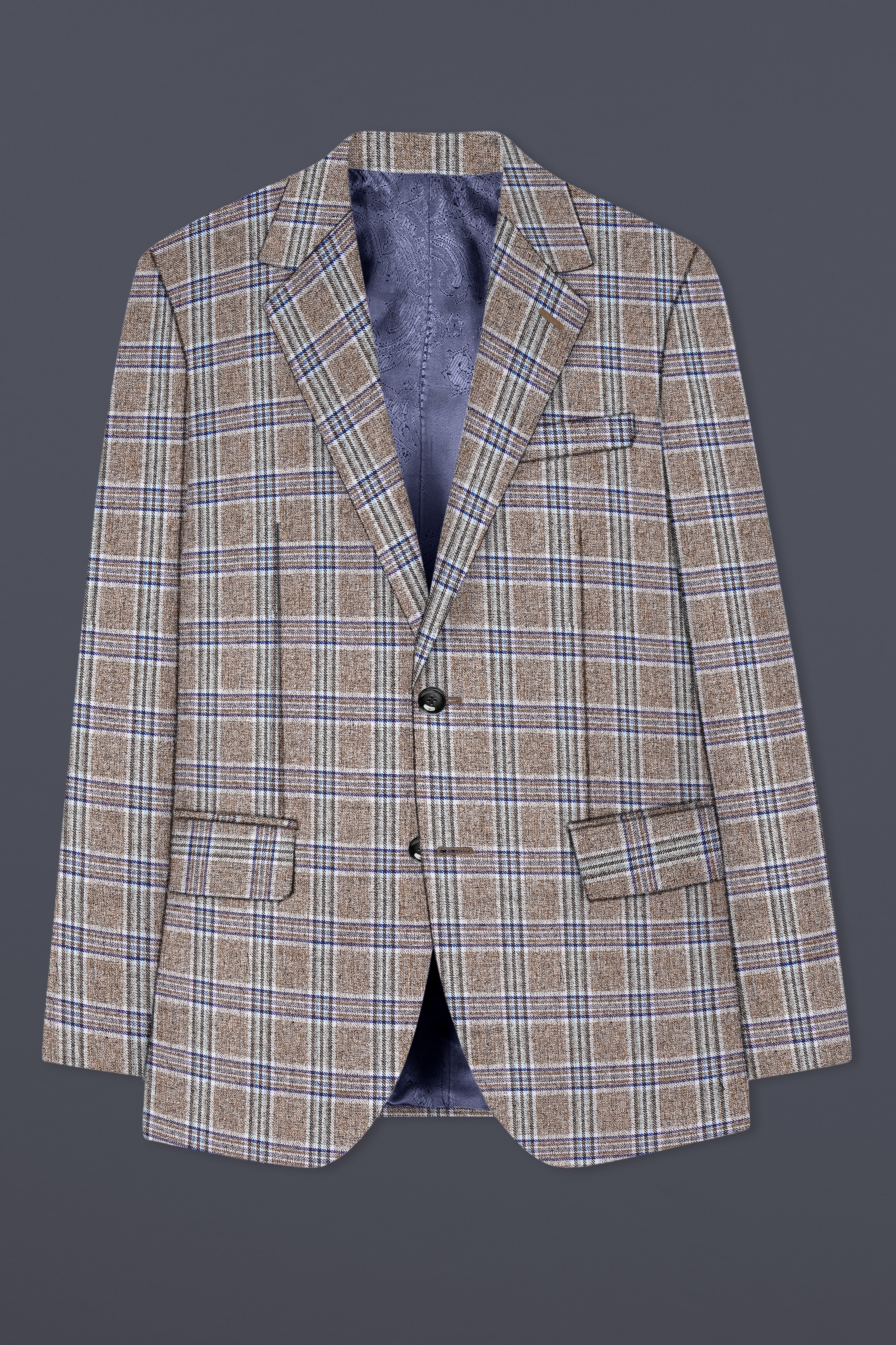 Shadow Brown with Rhino Blue Plaid Wool Blend Single Breasted Suit